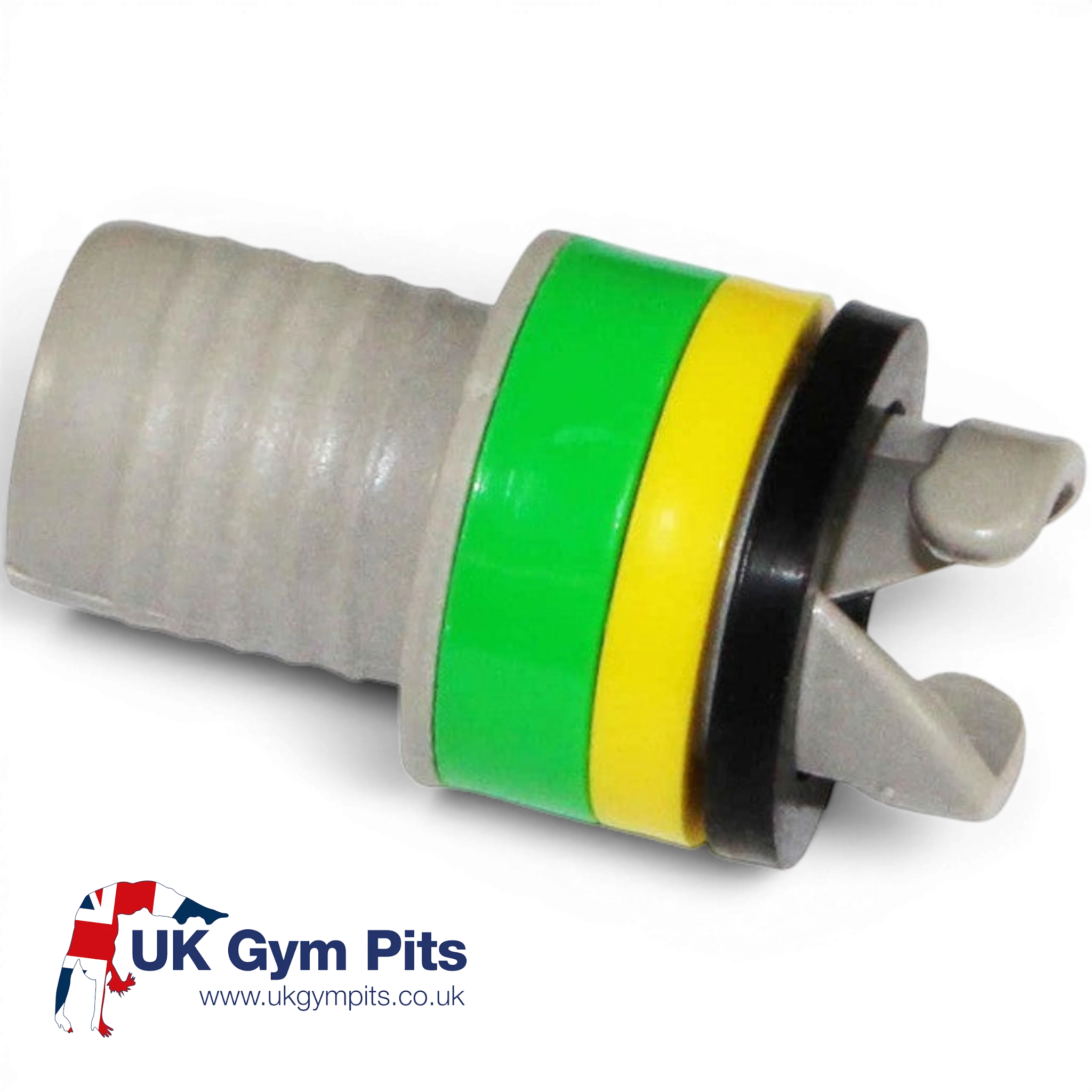 UK Gym Pits air pump adapter with grey nozzle and adjustable green, yellow, and black rings for air valves.