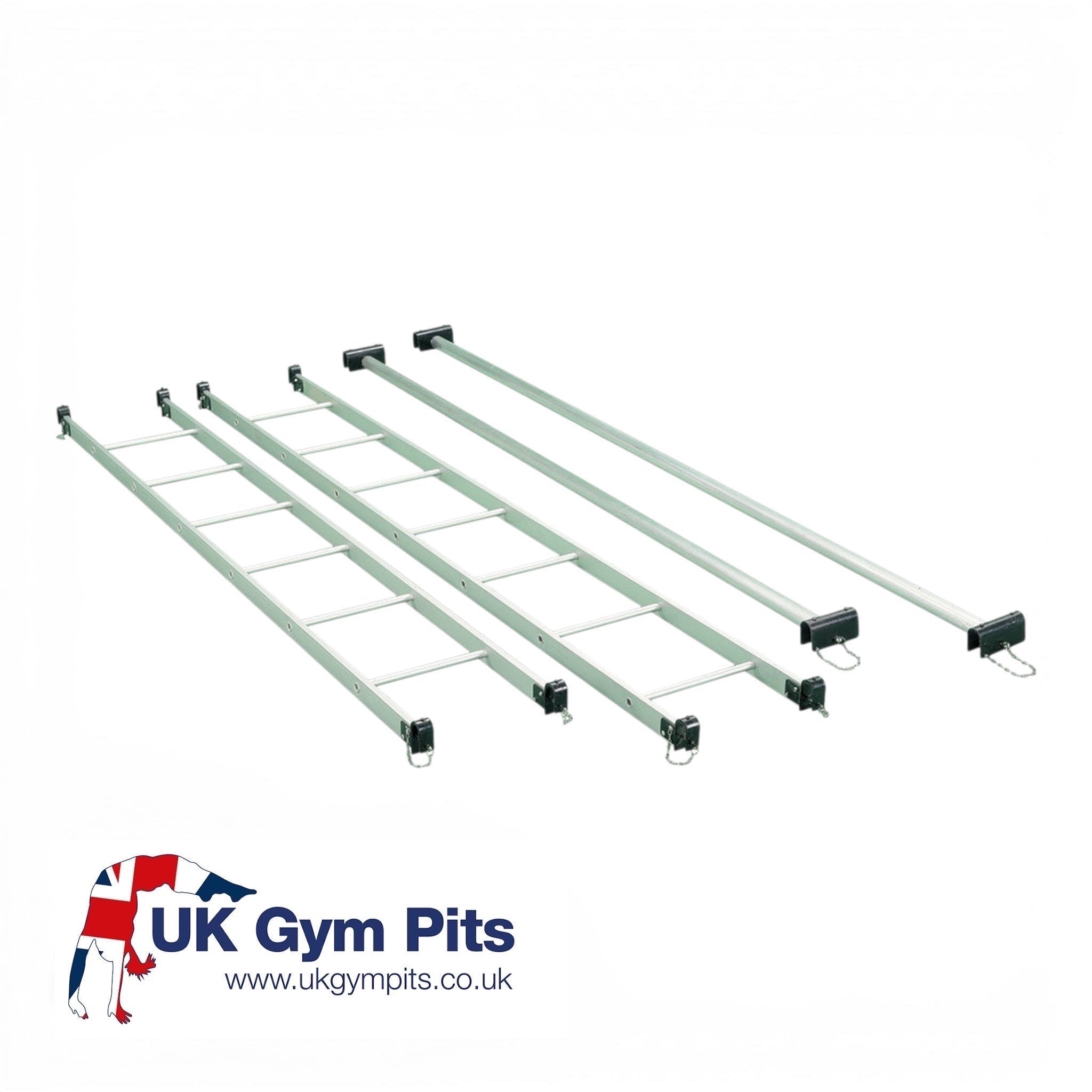 UK Gym Pits aluminium agility linking ladders and poles with powder coated safety hooks for gym equipment bridging.