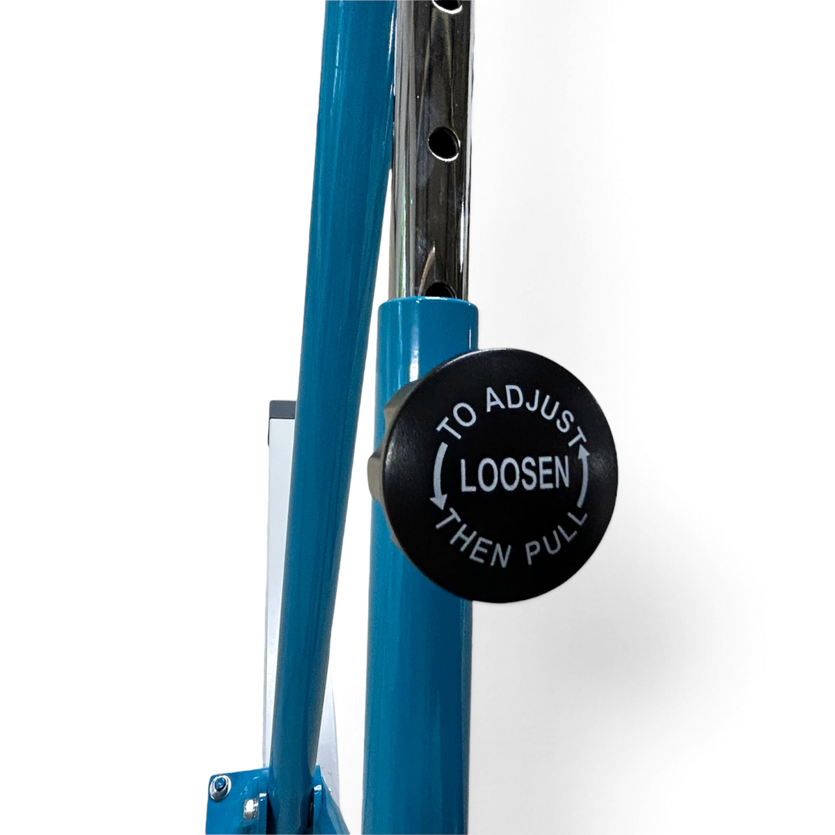 UK Gym Pits adjustable locking handwheel on a blue powder-coated steel frame of a training asymmetric bar