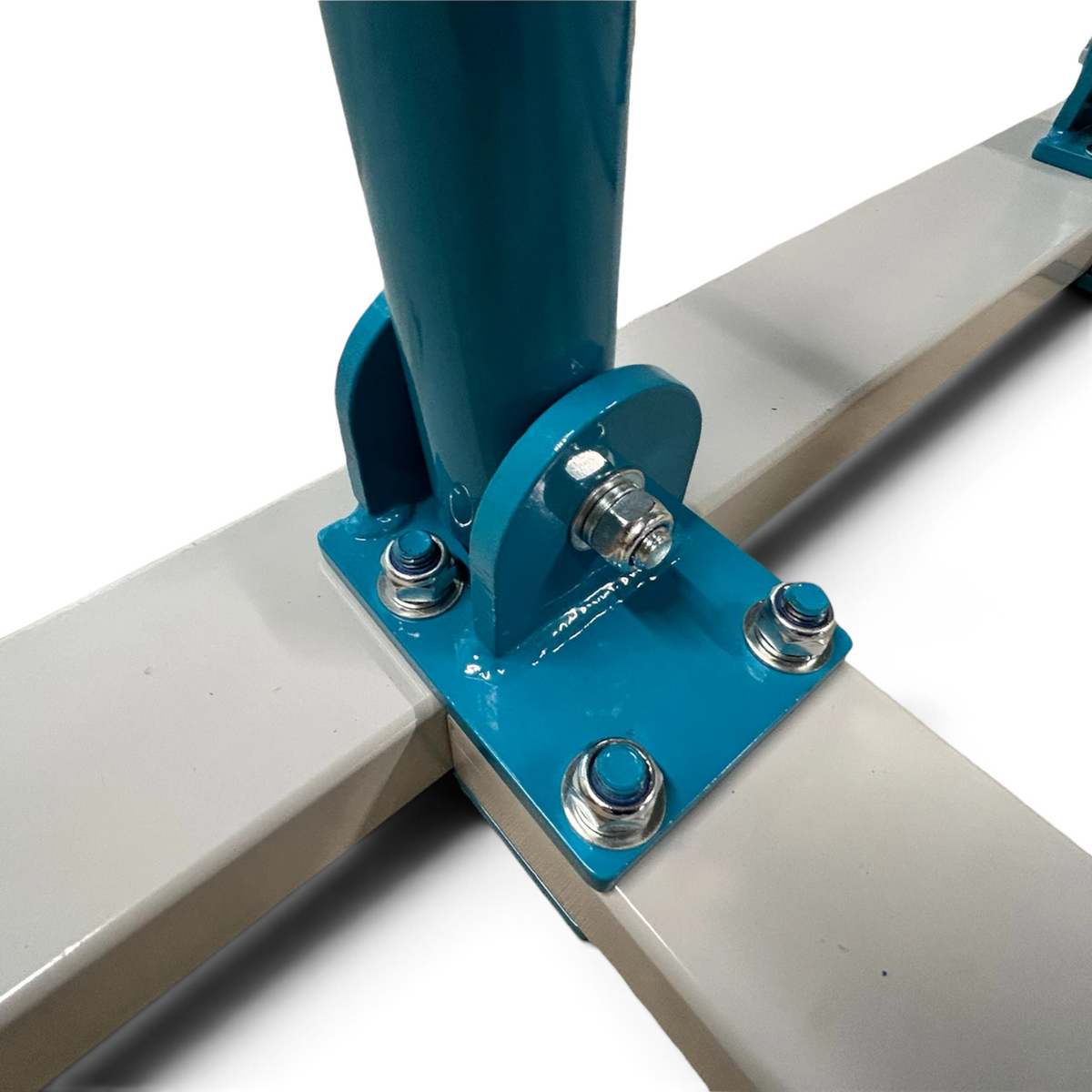 UK Gym Pits blue and white powder-coated steel base joint for freestanding asymmetric training bars
