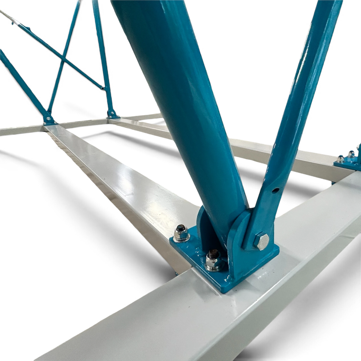UK Gym Pits freestanding asymmetric bars showing the reinforced blue and white powder-coated steel base frame.