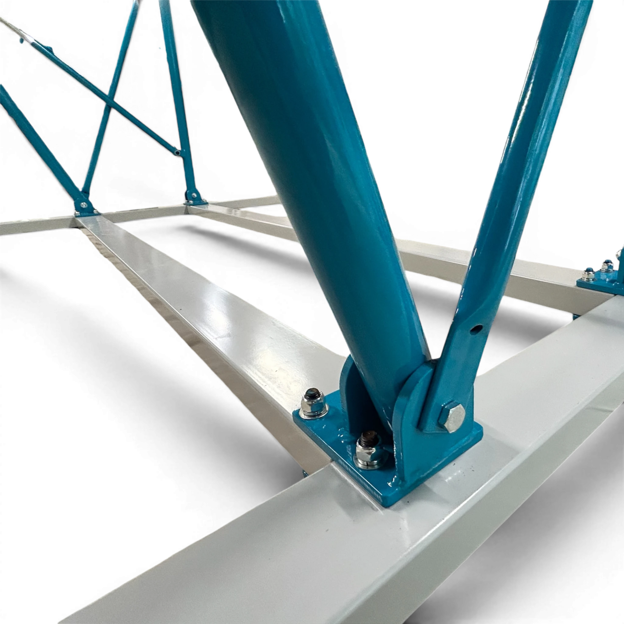 UK Gym Pits freestanding asymmetric bars showing the reinforced blue and white powder-coated steel base frame.