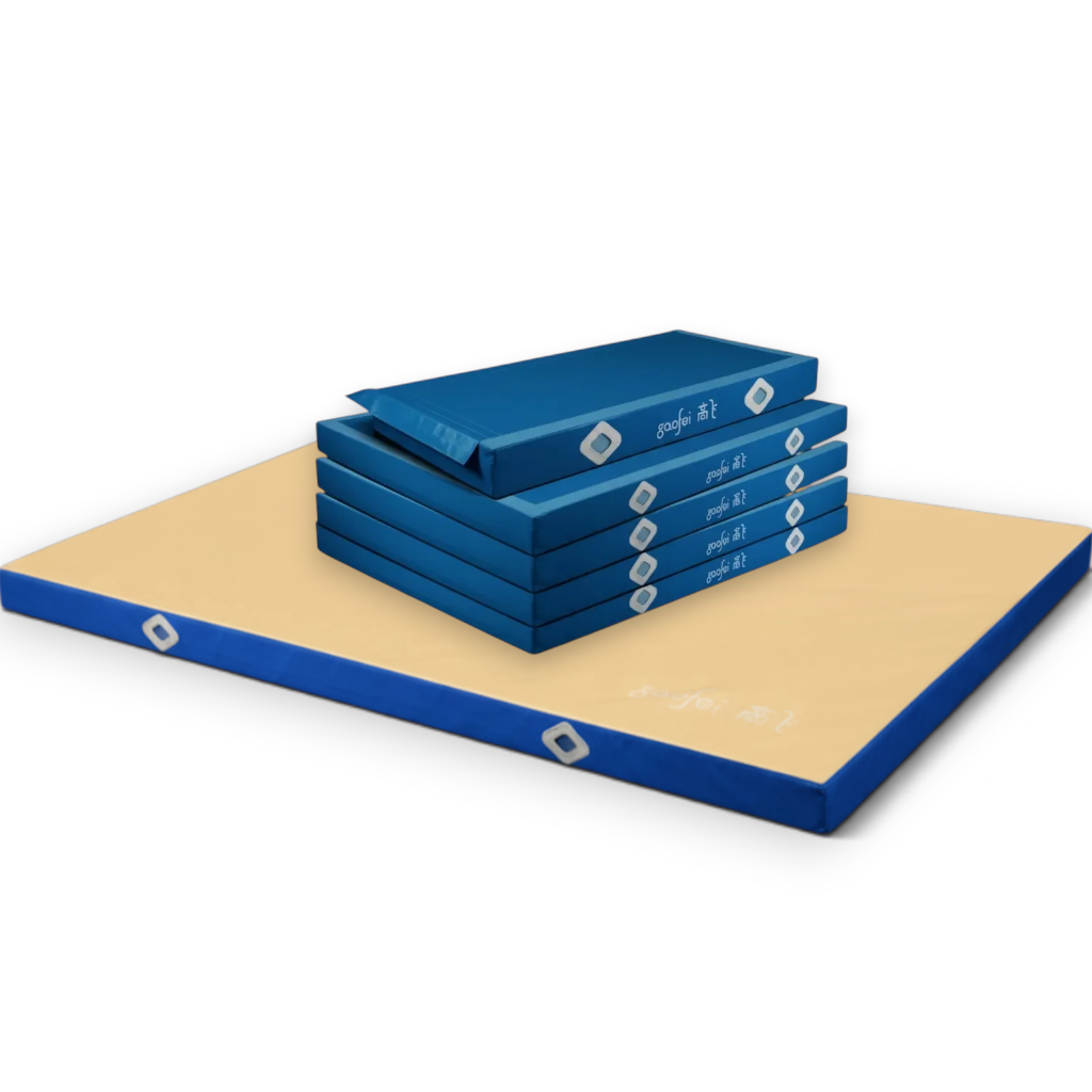 UK Gym Pits FIG approved blue and beige asymmetric bars landing mats with non-slip base and Velcro locking system
