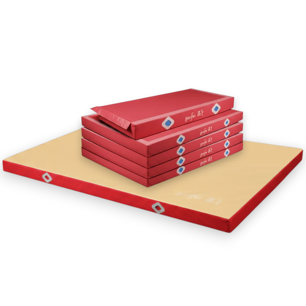 UK Gym Pits FIG approved red and beige asymmetric bars landing mats with non-slip base and Velcro locking system.