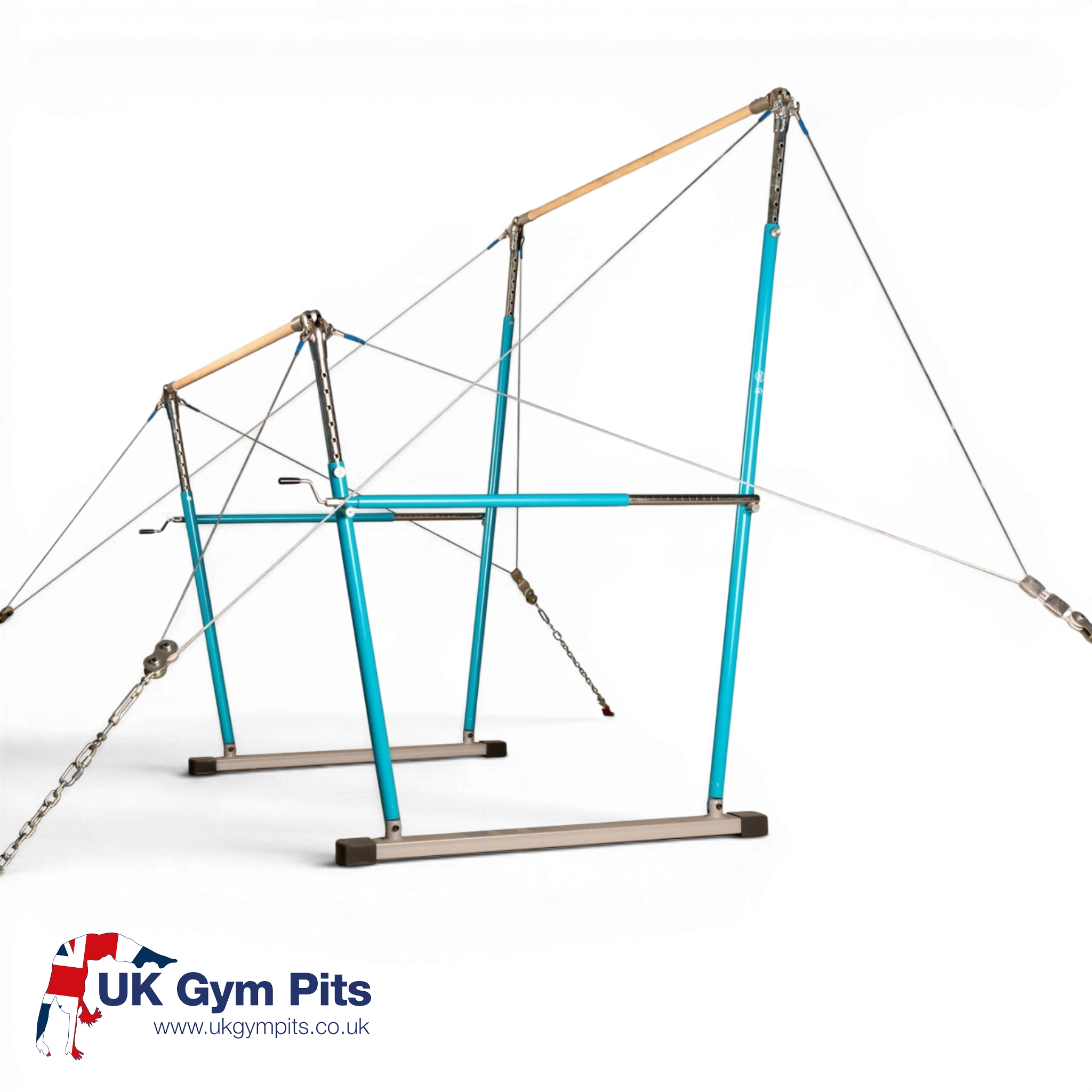 UK Gym Pits FIG approved asymmetric bars with blue steel frame and wooden handrails for gymnastics training