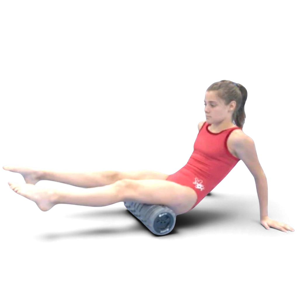 UK Gym Pits athlete using a grey foam roller for muscle recovery while wearing a red leotard