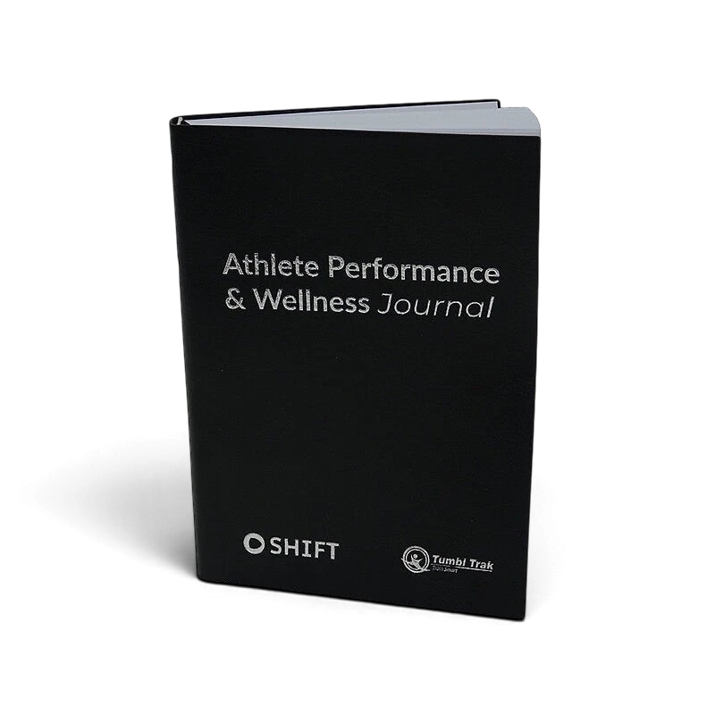 UK Gym Pits black Athlete Performance and Wellness Journal with silver text and Shift Movement Science branding