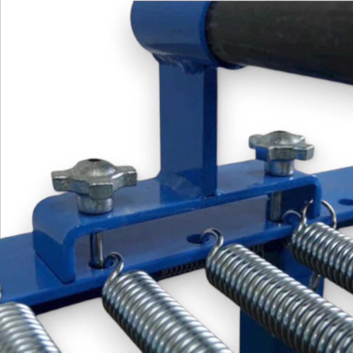 UK Gym Pits blue steel attachment frame bar with heavy duty knobs and springs for Tumbl Trak gymnastics equipment