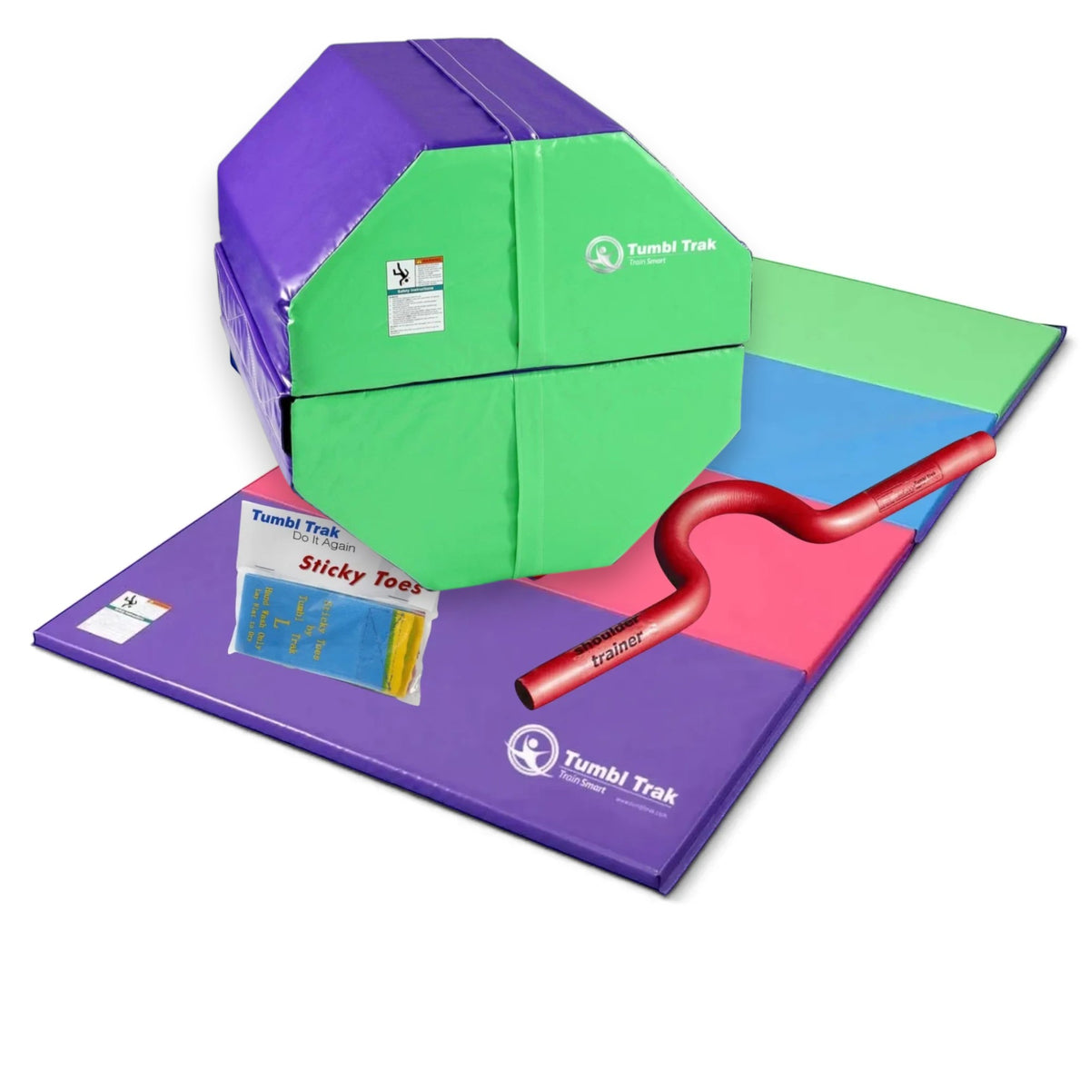 UK Gym Pits back handspring training package featuring a blue octagon tumbler, folding mat, shoulder trainer, and toes