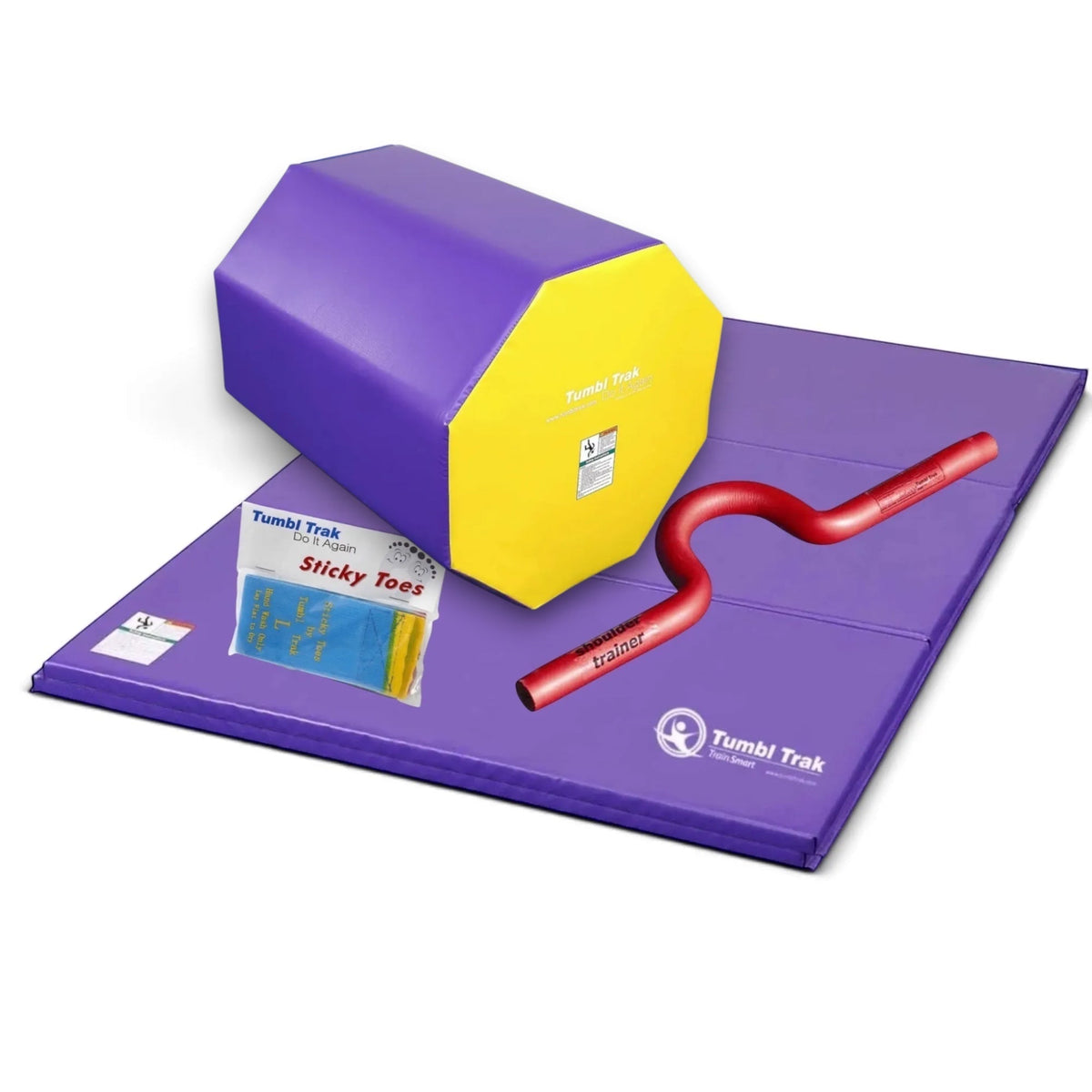 UK Gym Pits back handspring training package featuring a blue and red octagon, purple tumbling mat, shoulder trainer, and sticky toes.