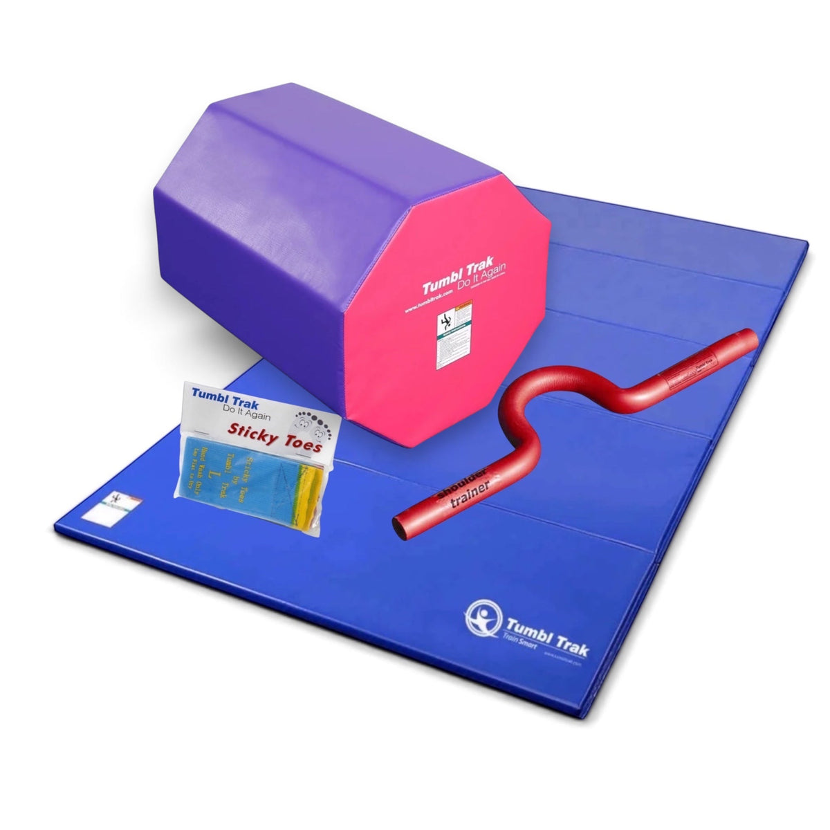 UK Gym Pits back handspring training package with blue tumbling mat, red octagon tumbler, shoulder trainer, and toes.