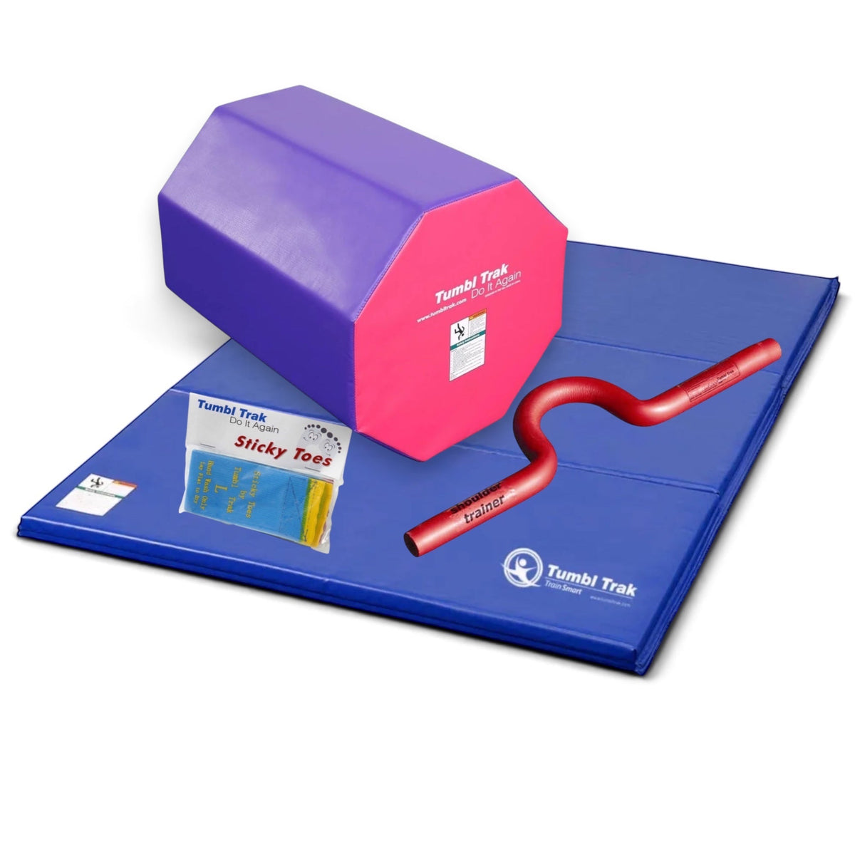 UK Gym Pits back handspring training package with blue tumbling mat, red octagon tumbler, shoulder trainer, and toes.