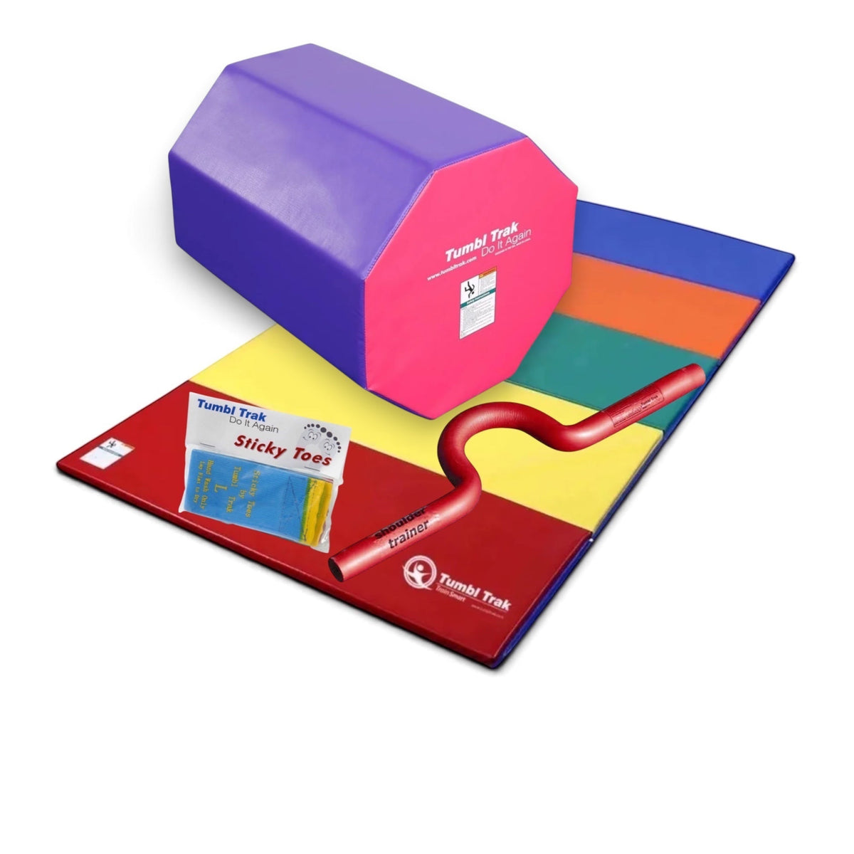 UK Gym Pits back handspring training package with octagonal tumble, folding mat, shoulder trainer, and sticky toes.