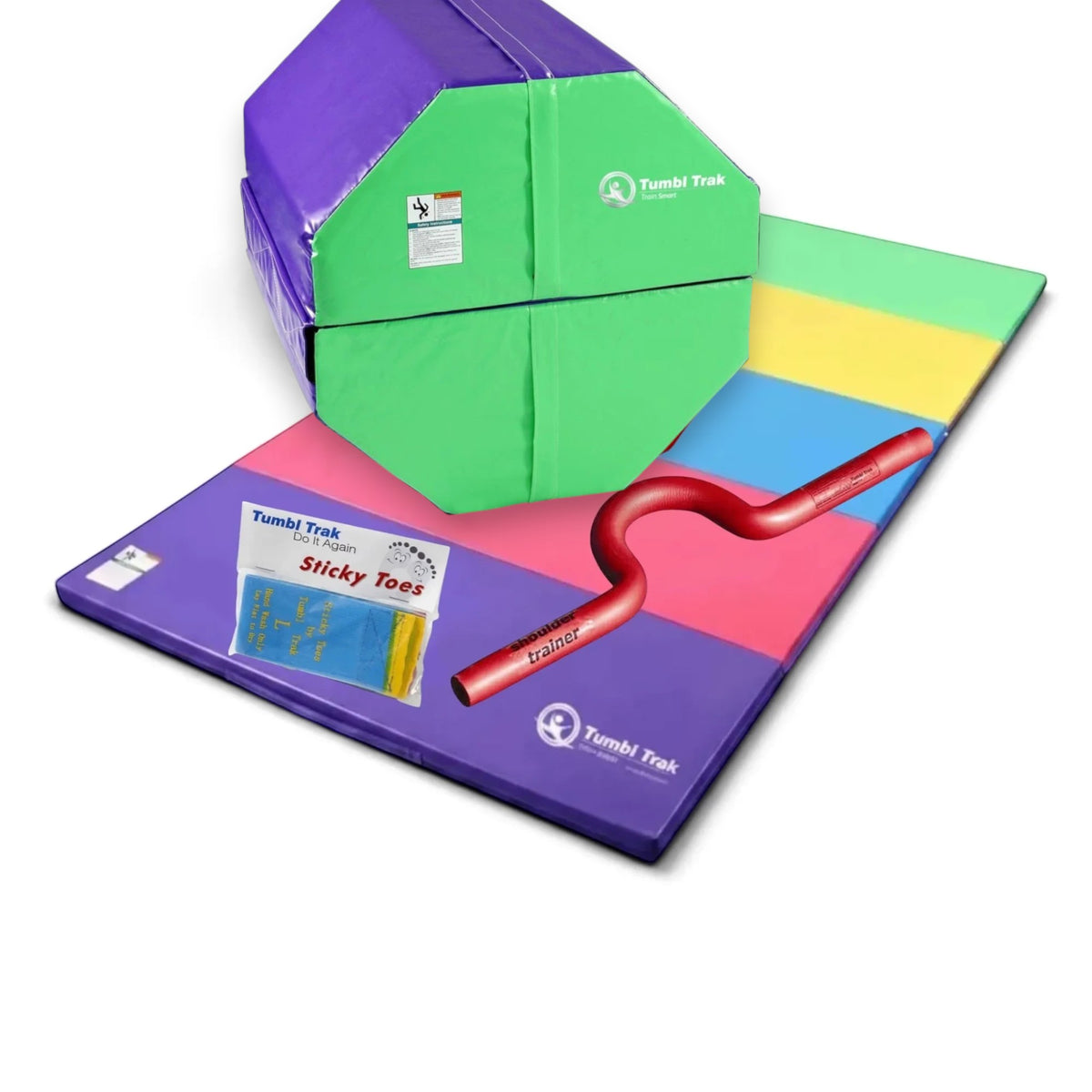 UK Gym Pits back handspring package with octagonal tumbler, folding mat, shoulder trainer, and sticky toes for gymnastics.