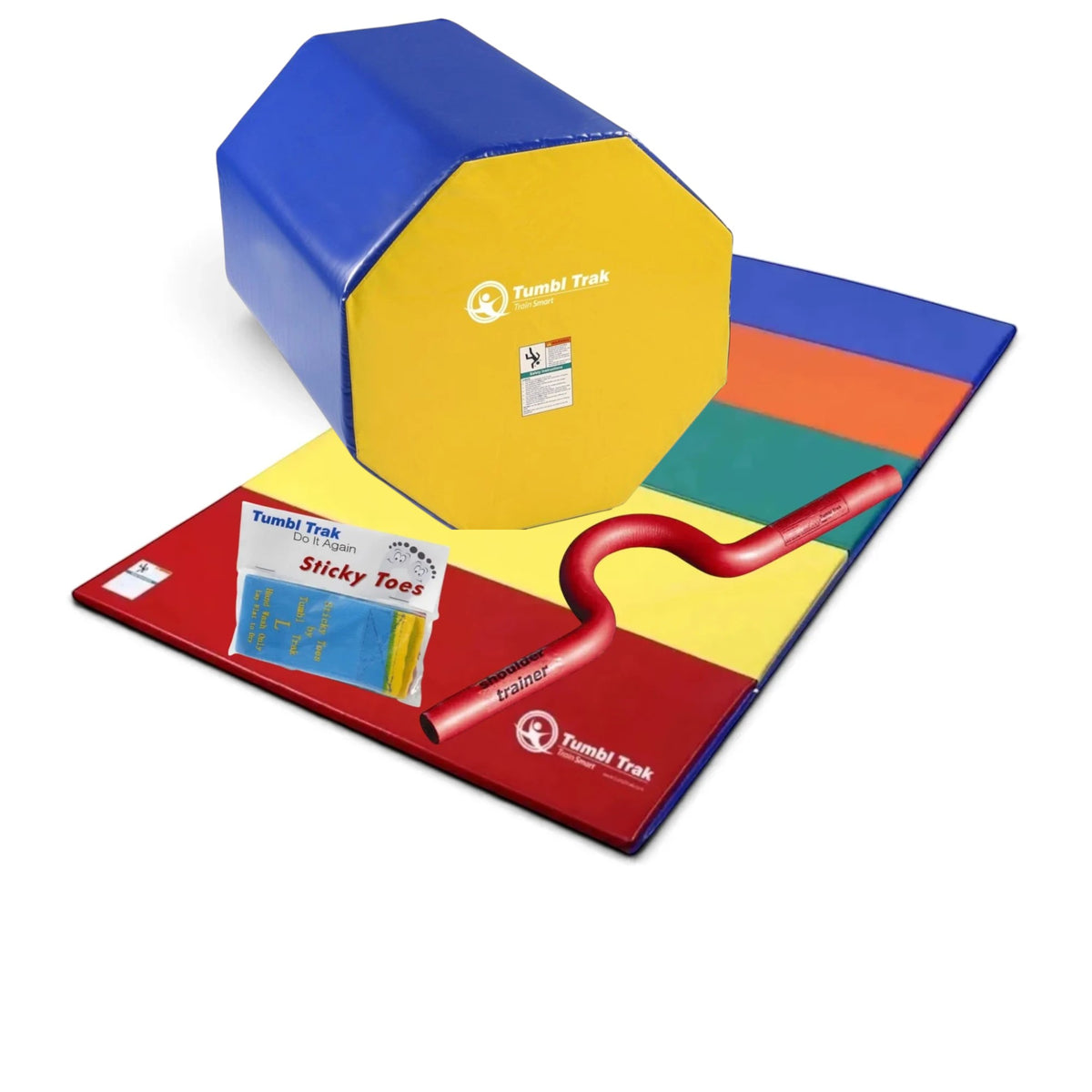 UK Gym Pits back handspring training package with octagonal tumbler, folding mat, shoulder trainer, and sticky toes.