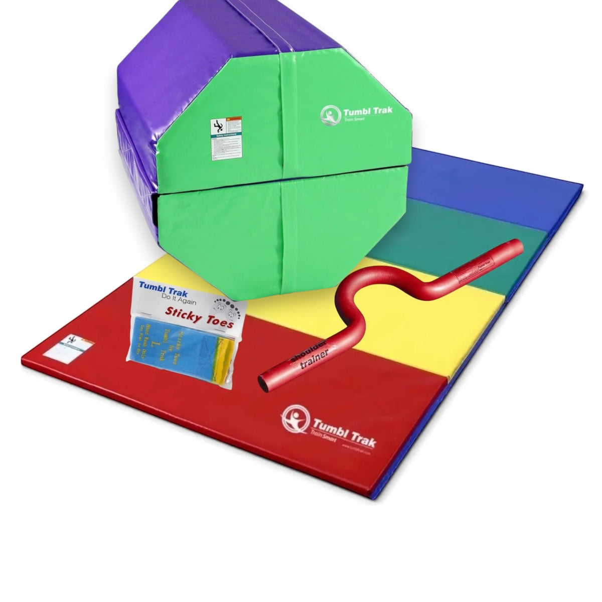 UK Gym Pits back handspring training package featuring a colorful octagon tumbler, folding mat, shoulder trainer, and sticky toes.