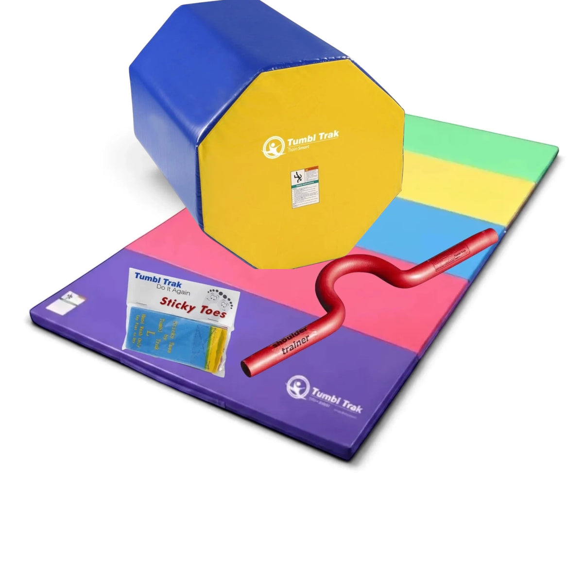 UK Gym Pits back handspring training package featuring an octagonal tumbler, folding mat, shoulder trainer, and sticky toes.