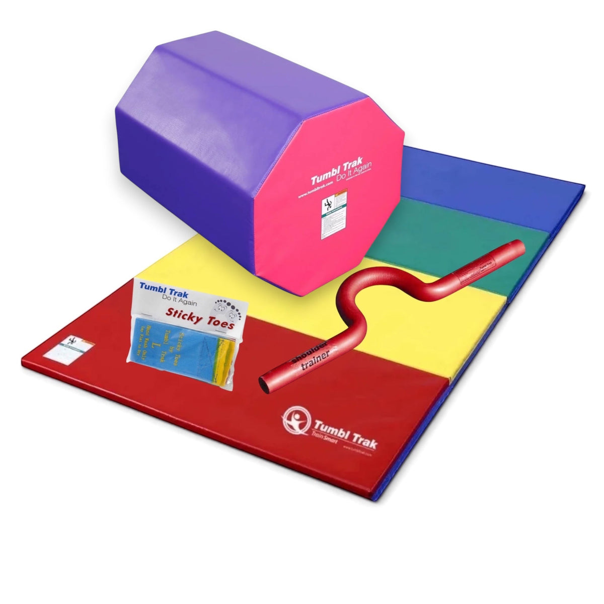 UK Gym Pits back handspring training package with octagonal tumbler, folding mat, shoulder trainer, and sticky toes.