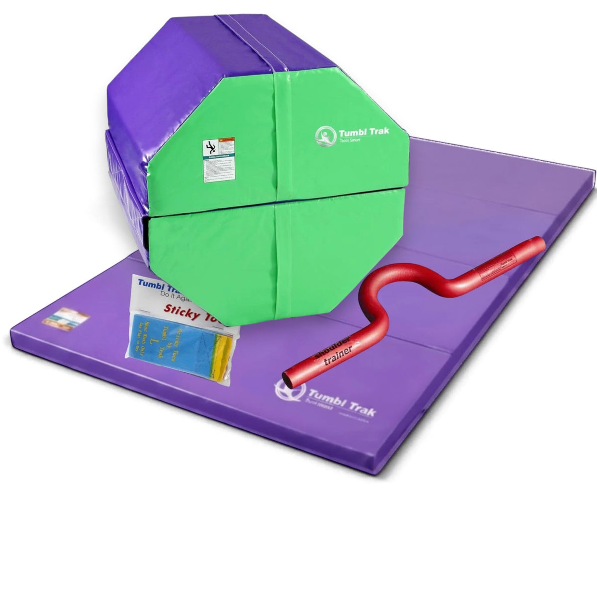 UK Gym Pits back handspring package including a blue and red octagon tumbler, purple folding mat, trainer, and straps