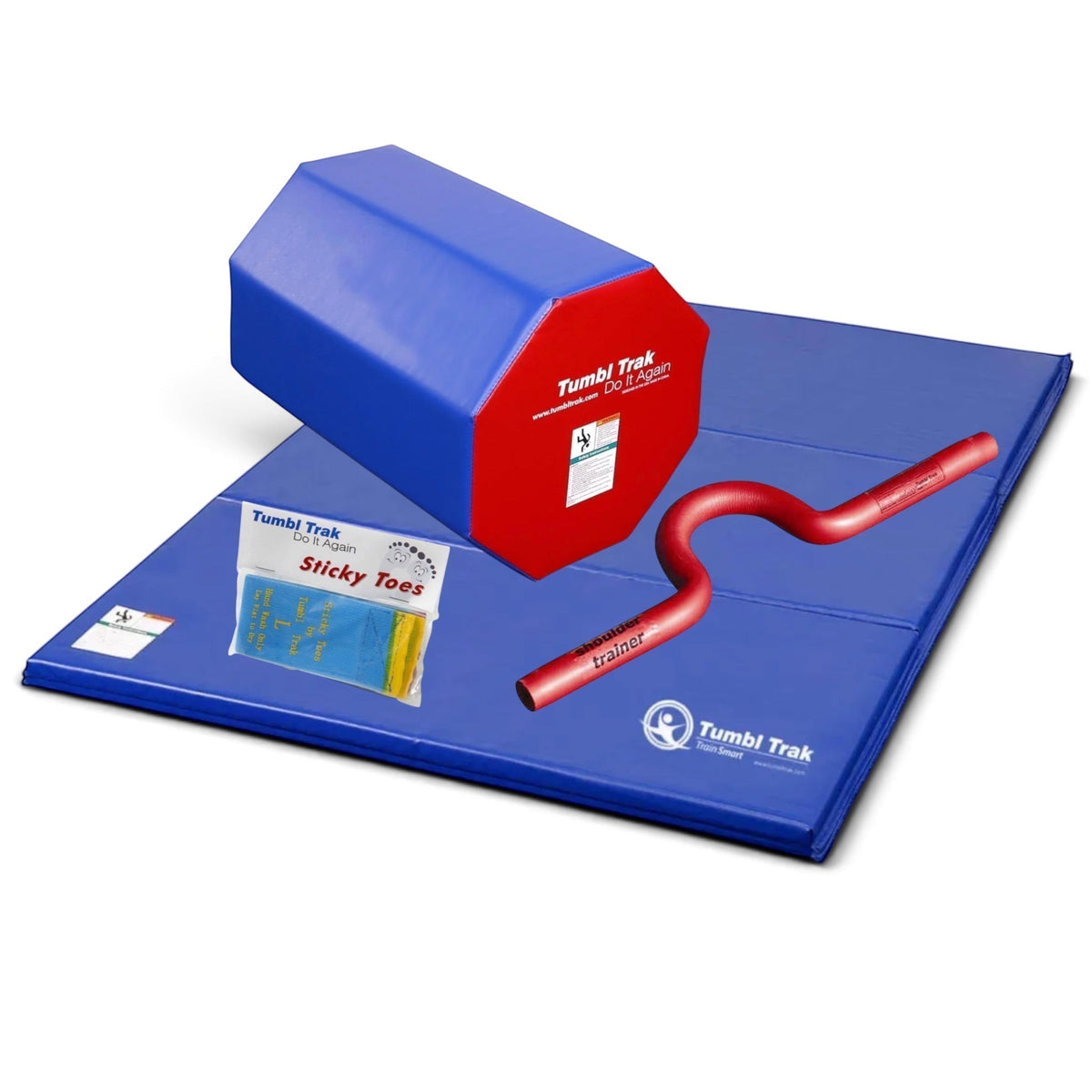 UK Gym Pits back handspring training package with blue octagon tumbler, folding mat, shoulder trainer, and sticky toes