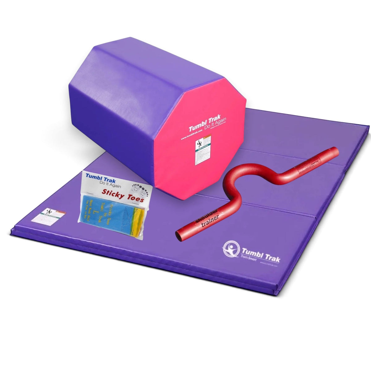 UK Gym Pits back handspring training package with blue and red octagon, purple folding mat, trainer, and sticky toes