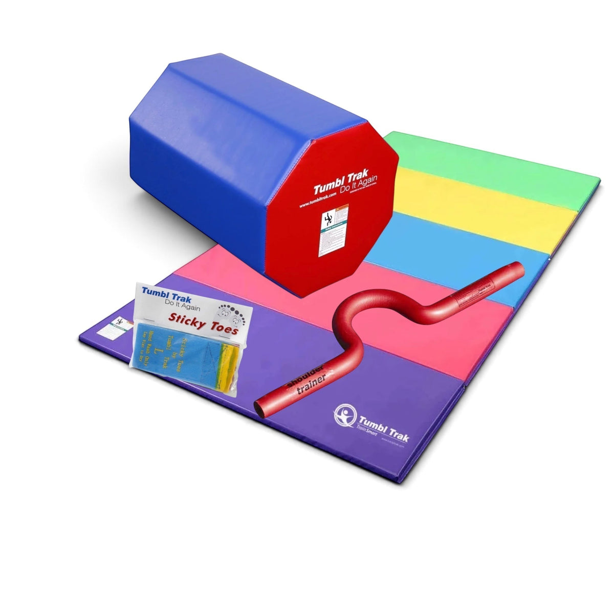 UK Gym Pits back handspring training package featuring an octagonal tumbler, folding mat, shoulder trainer, and sticky toes.