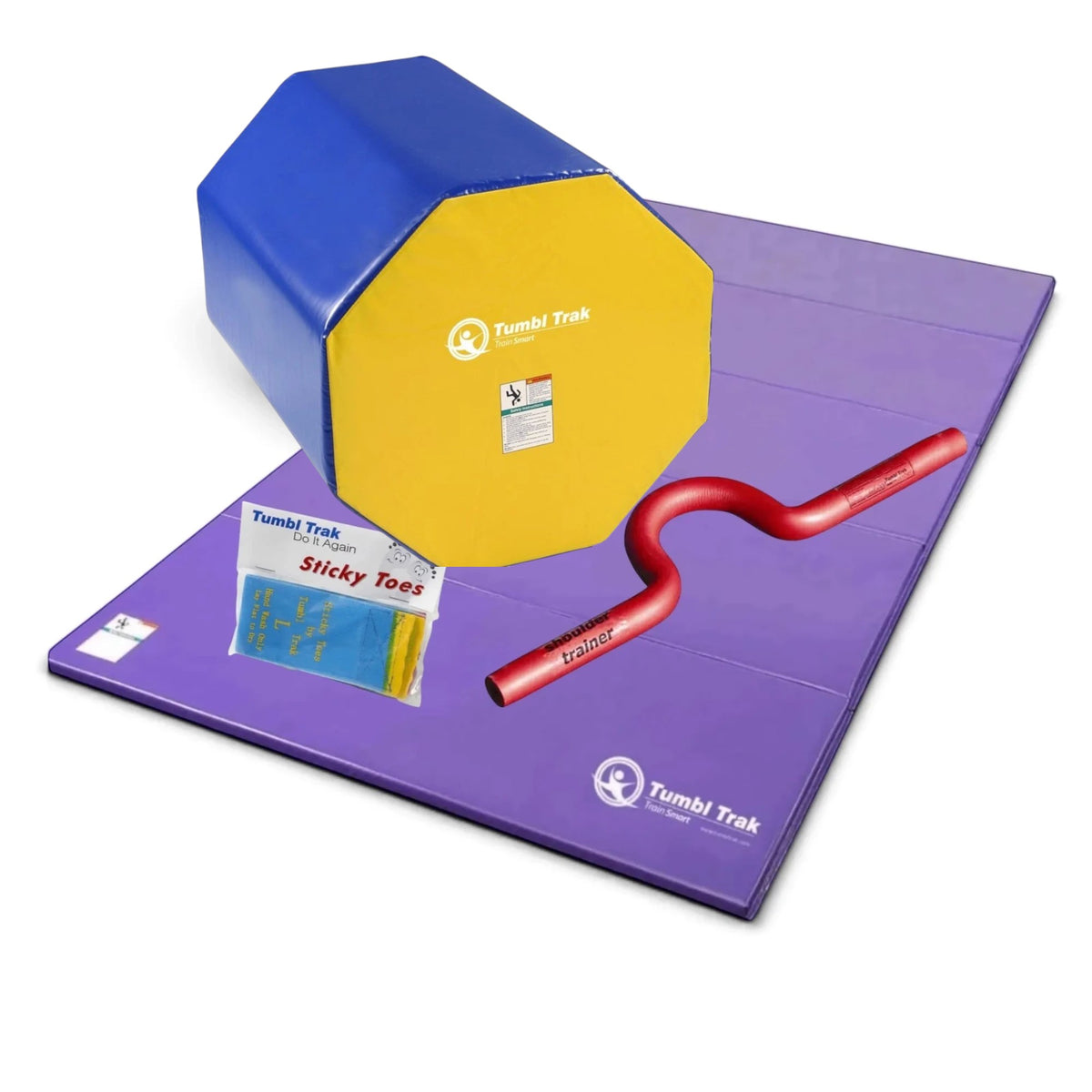 UK Gym Pits back handspring training package featuring a purple tumbling mat, blue octagon tumbler, trainer, and toes.
