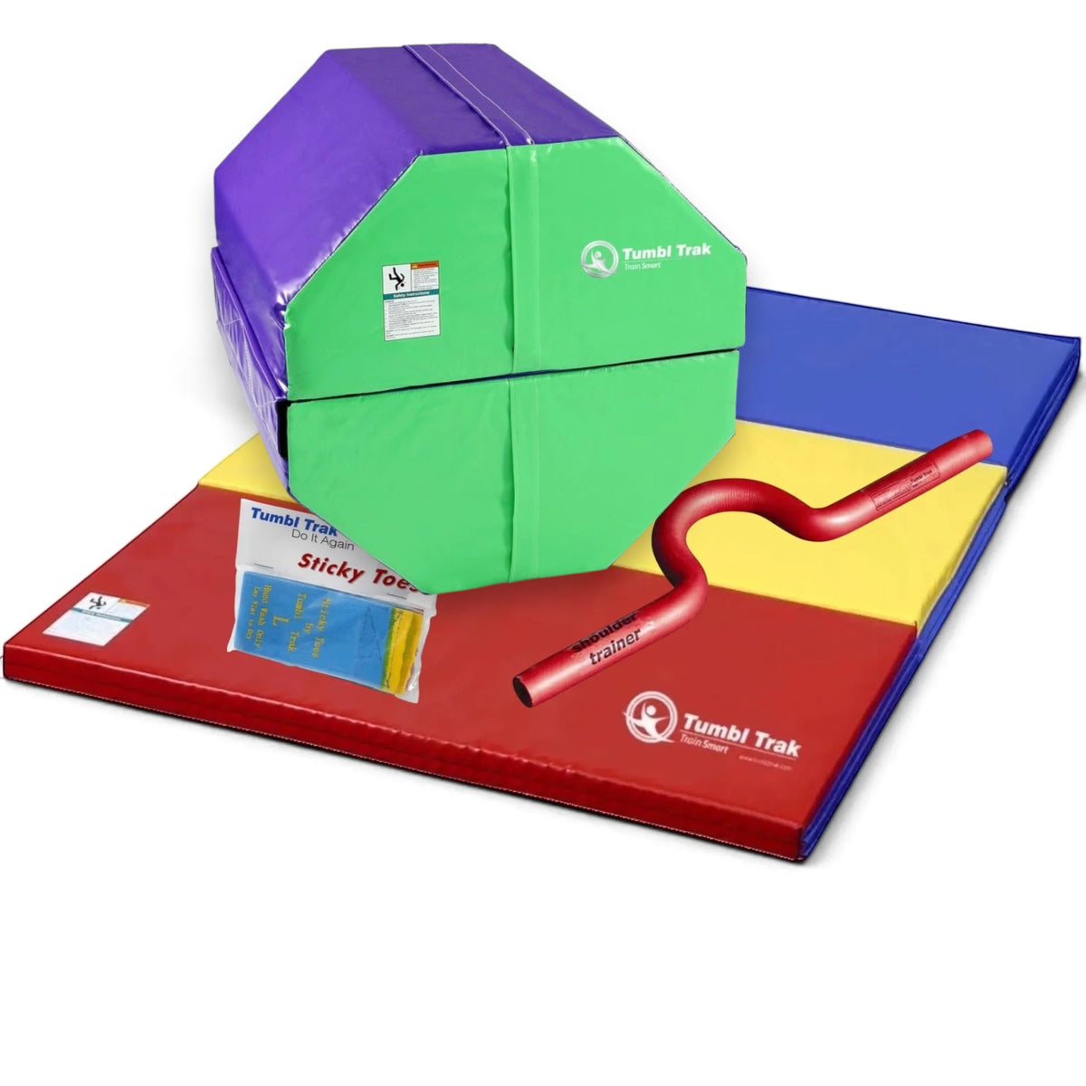 UK Gym Pits back handspring training package with octagonal tumbler, folding mat, shoulder trainer, and sticky toes.