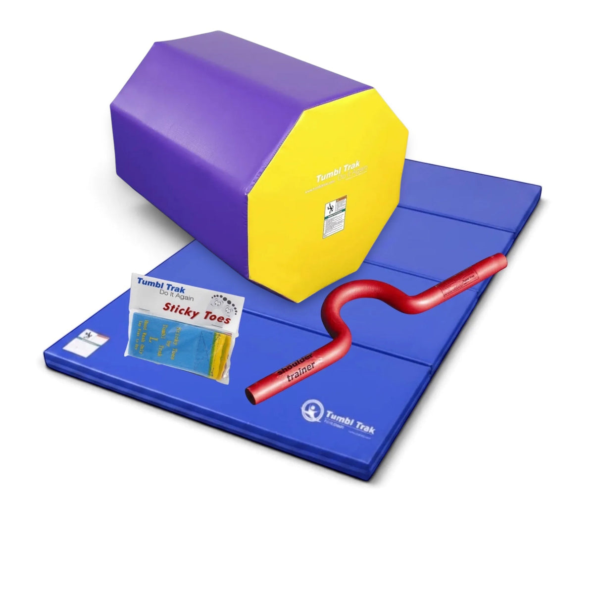 UK Gym Pits back handspring training package with blue octagon tumbler, folding mat, shoulder trainer, and sticky toes