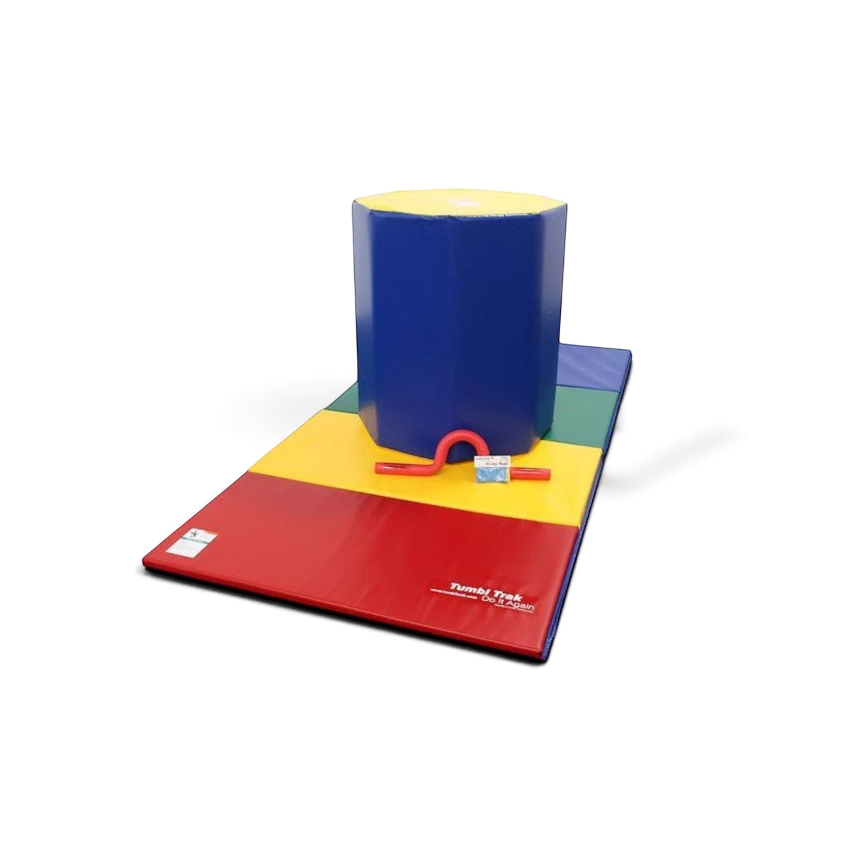 UK Gym Pits back handspring package with multi-coloured tumbling mat, blue octagon tumbler, shoulder trainer, and sticky toes