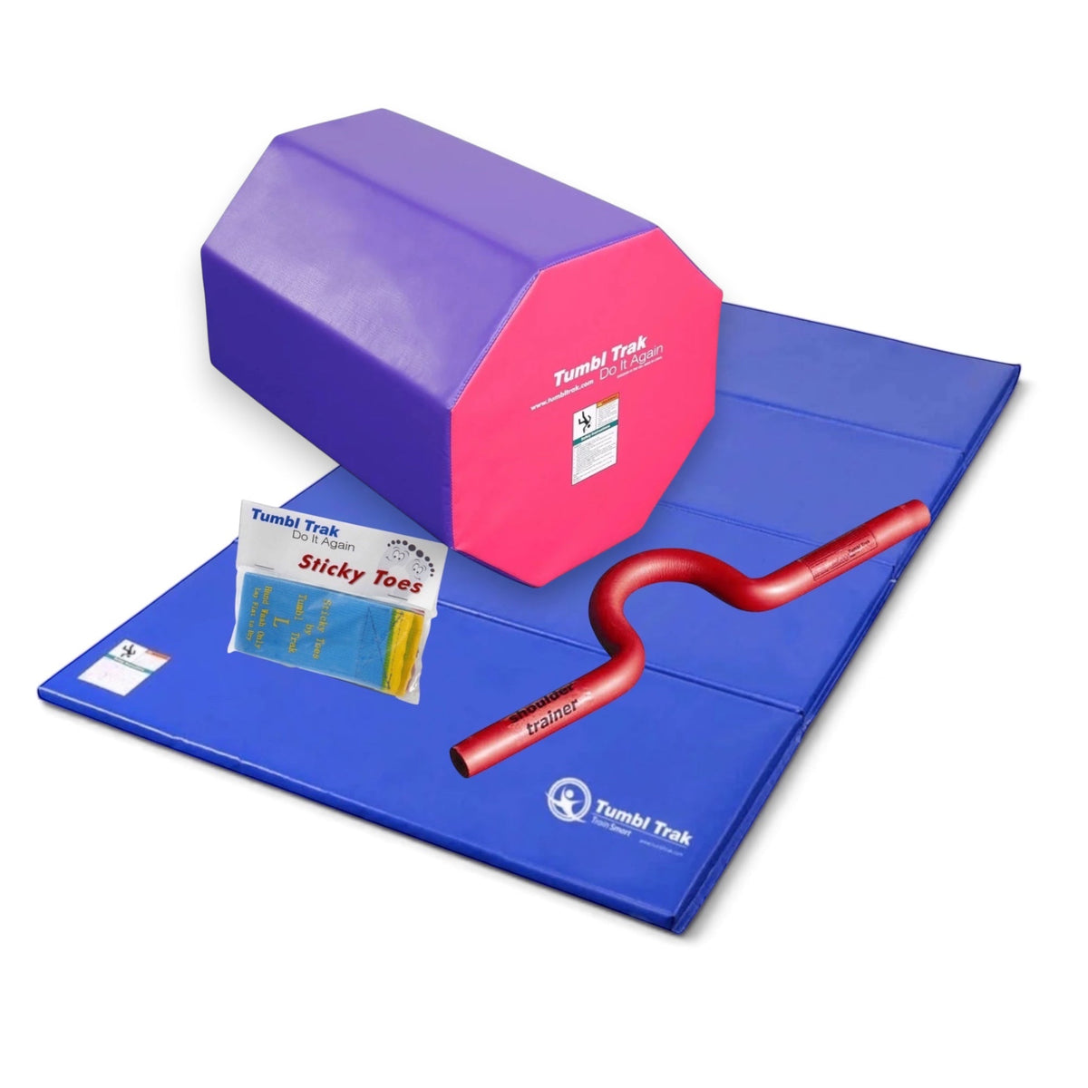 UK Gym Pits back handspring training package with blue tumbling mat, red octagon tumbler, shoulder trainer, and sticky toes