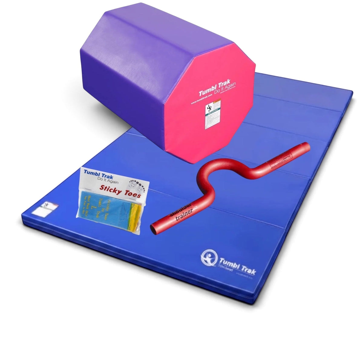 UK Gym Pits back handspring package with blue octagonal tumbler, folding mat, shoulder trainer, and sticky toes.