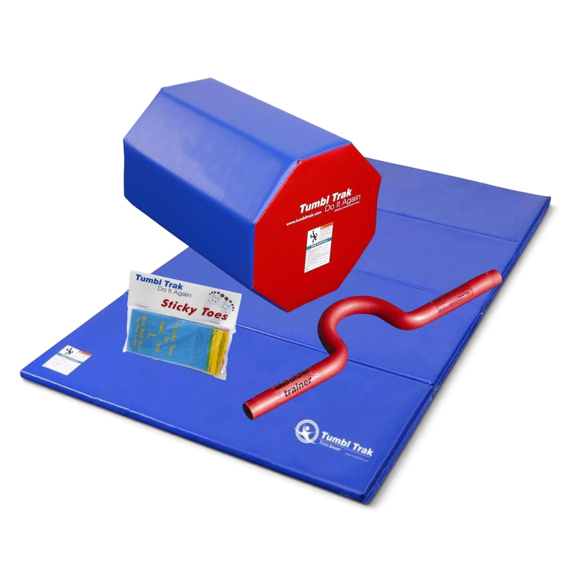 UK Gym Pits back handspring training package featuring a blue tumbling mat, red and blue octagon, shoulder trainer, and Sticky Toes.