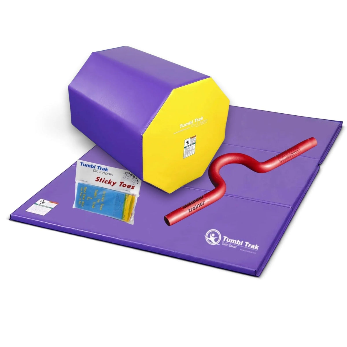 UK Gym Pits back handspring training package featuring a purple tumbling mat, blue and red octagon, trainer, and toes.