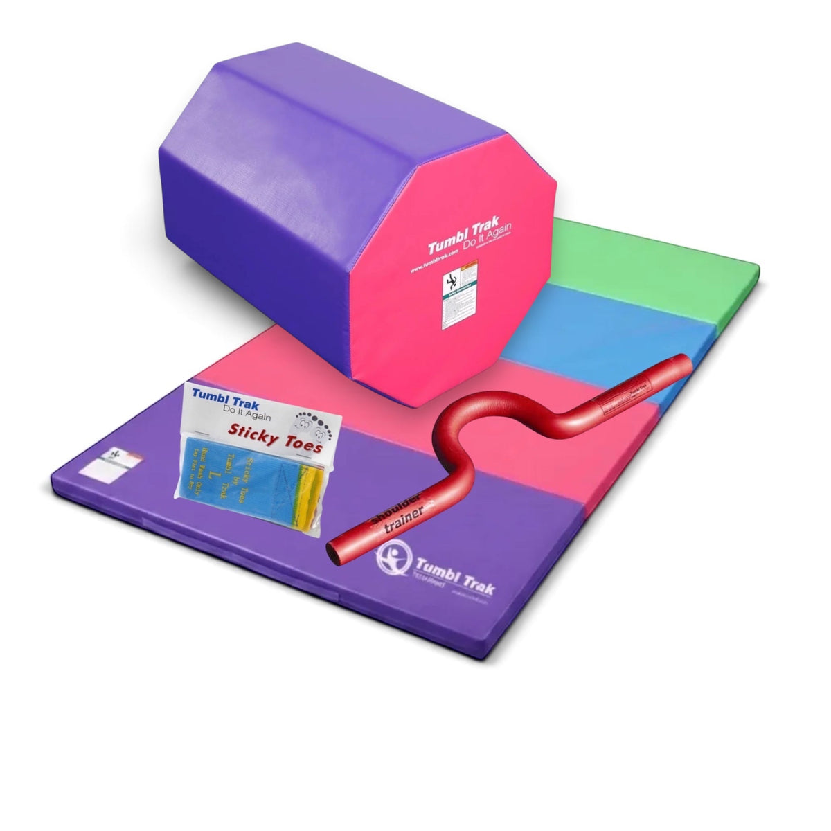 UK Gym Pits back handspring training package featuring an octagonal tumbler, folding mat, shoulder trainer, and sticky toes.