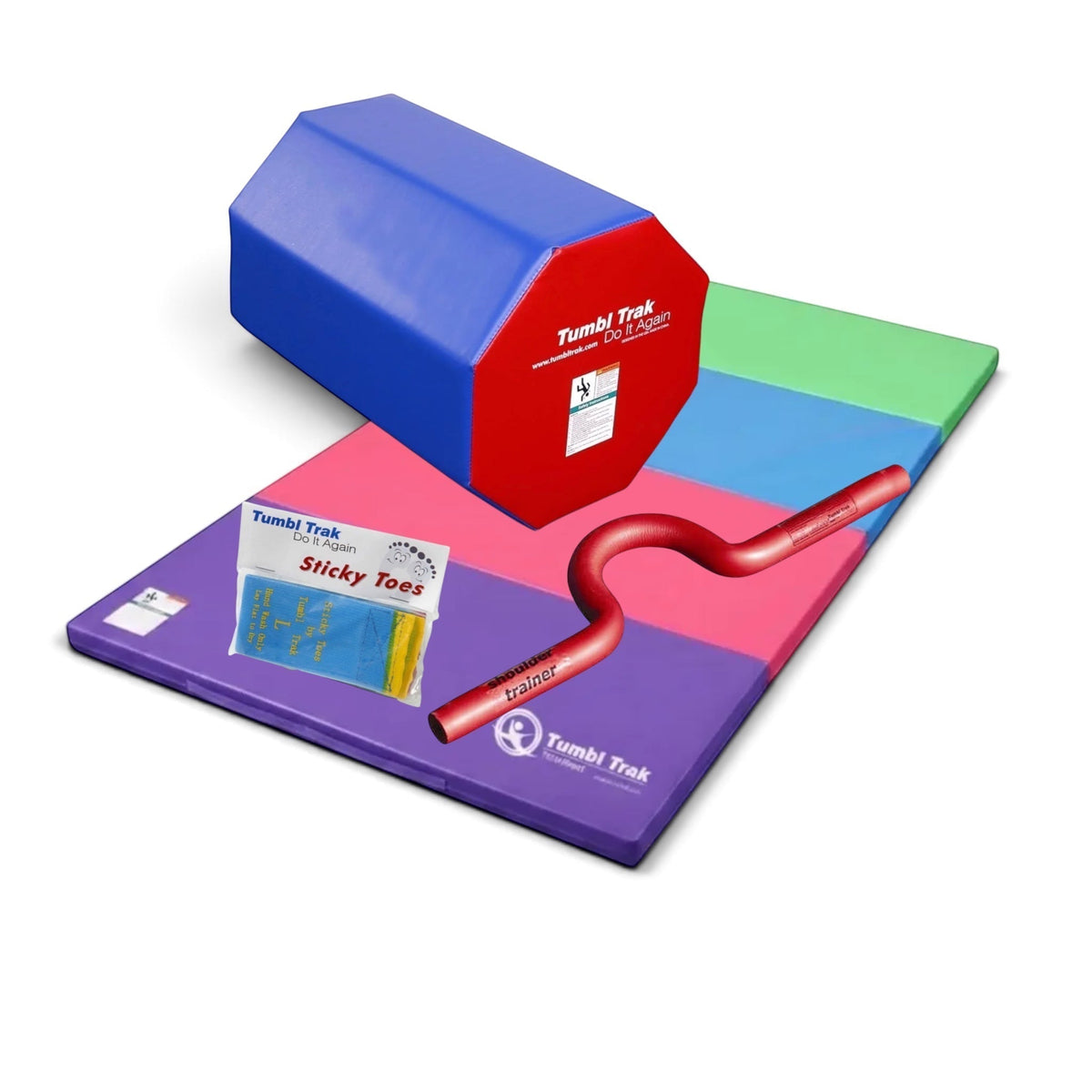 UK Gym Pits back handspring training package with octagonal tumbler, folding mat, shoulder trainer, and sticky toes.