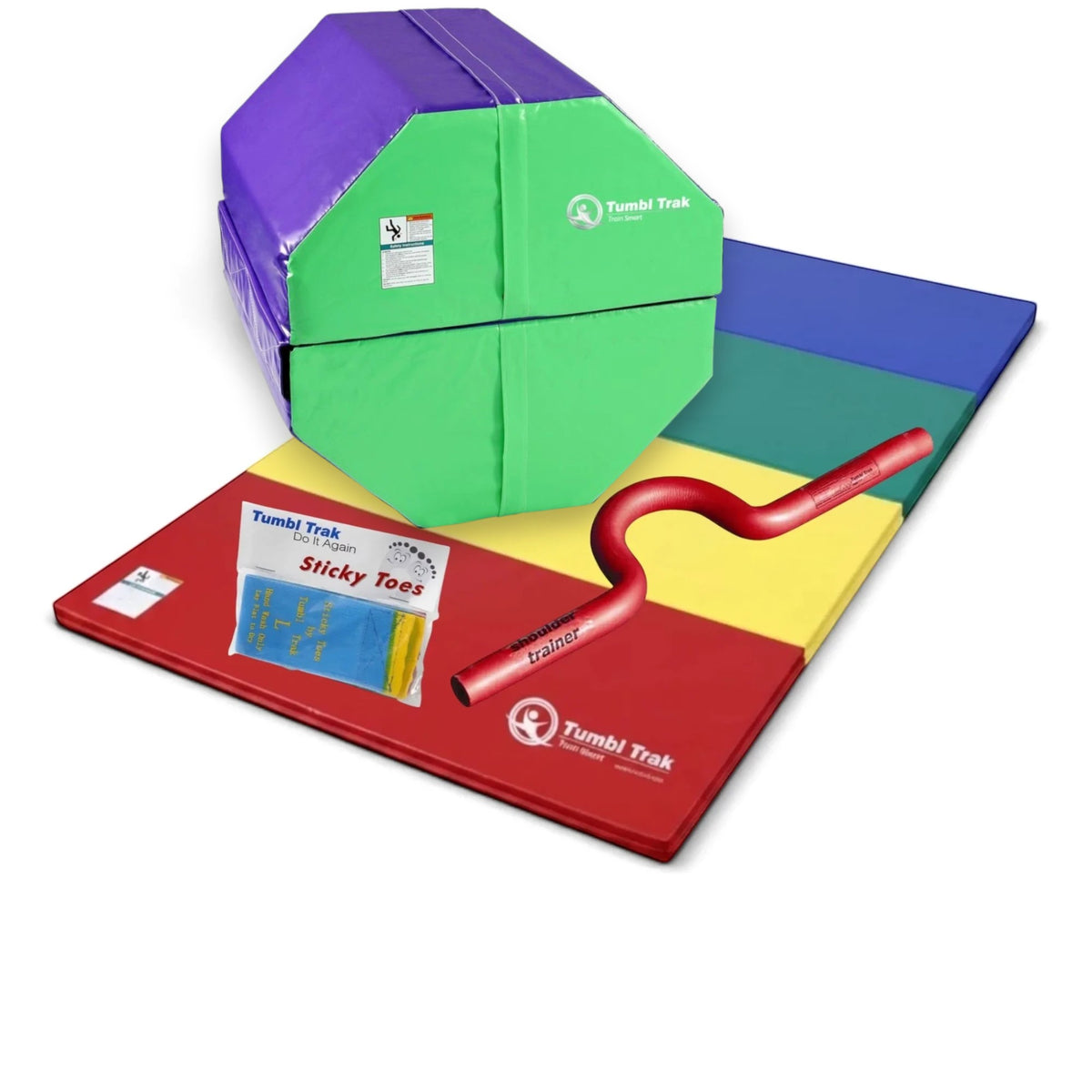 UK Gym Pits back handspring training package with blue octagon tumbler, folding mat, shoulder trainer, and sticky toes