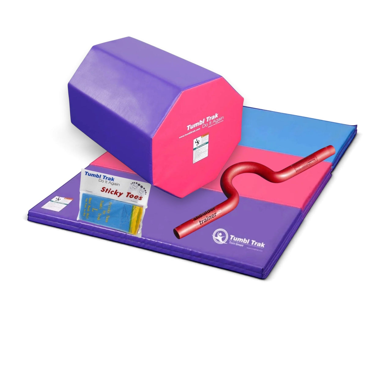 UK Gym Pits back handspring training package with octagonal tumbler, folding mat, shoulder trainer, and sticky toes