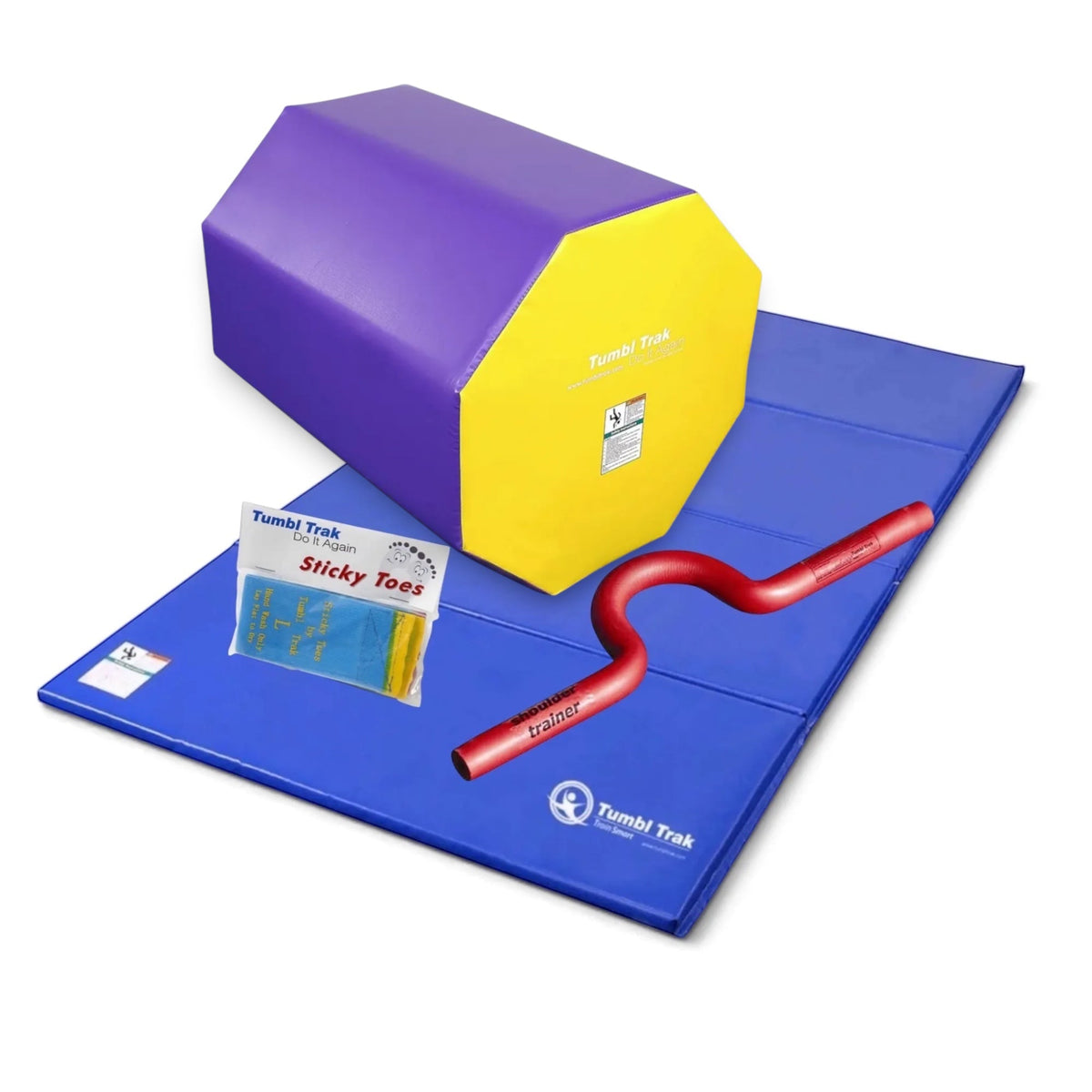 UK Gym Pits back handspring training package with blue tumbling mat, octagon tumbler, shoulder trainer, and sticky toes.