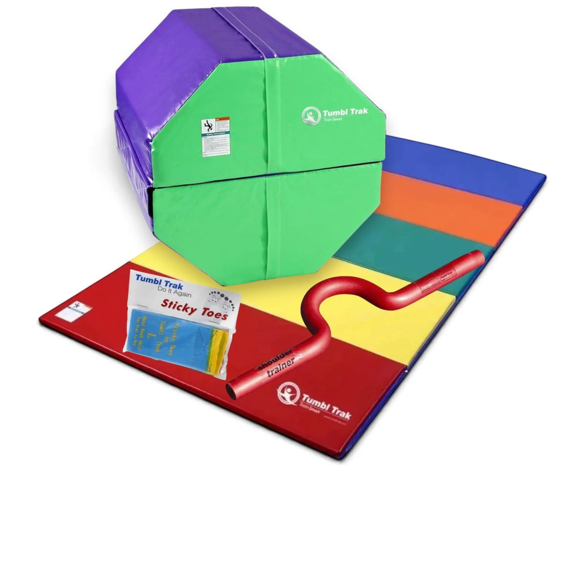 UK Gym Pits back handspring training package with octagonal tumbler, folding mat, shoulder trainer, and sticky toes.