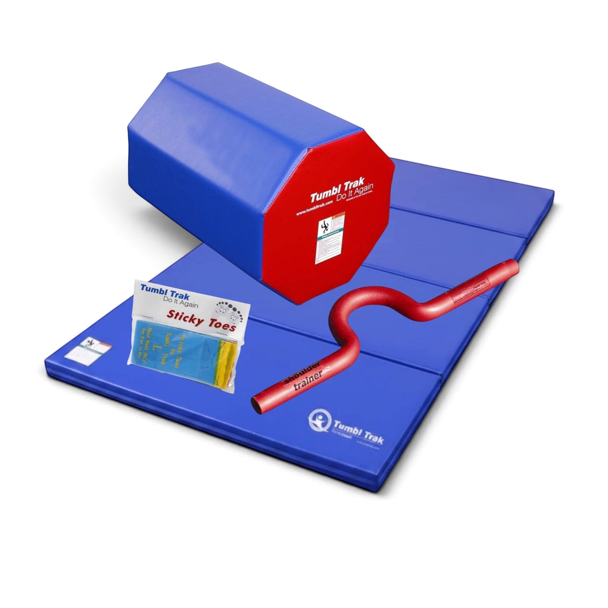 UK Gym Pits back handspring training package with blue octagon tumbler, folding mat, shoulder trainer, and sticky toes