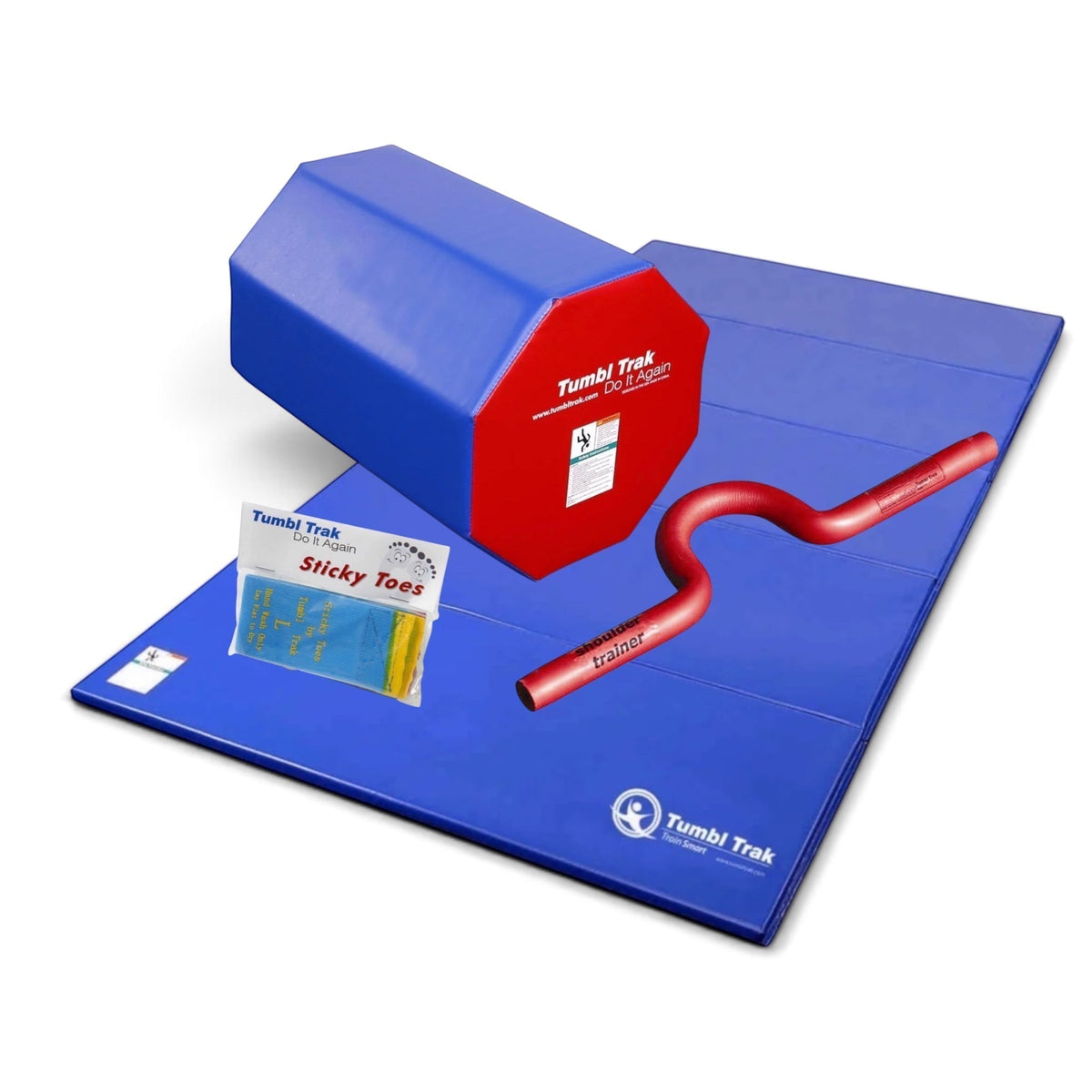 UK Gym Pits back handspring training package with blue octagon tumbler, folding mat, shoulder trainer, and sticky toes