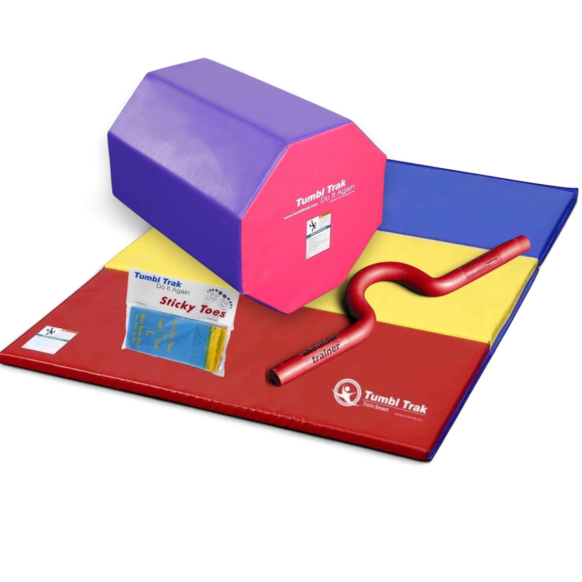 UK Gym Pits back handspring training package featuring an octagon tumbler, folding mat, shoulder trainer, and sticky toes.