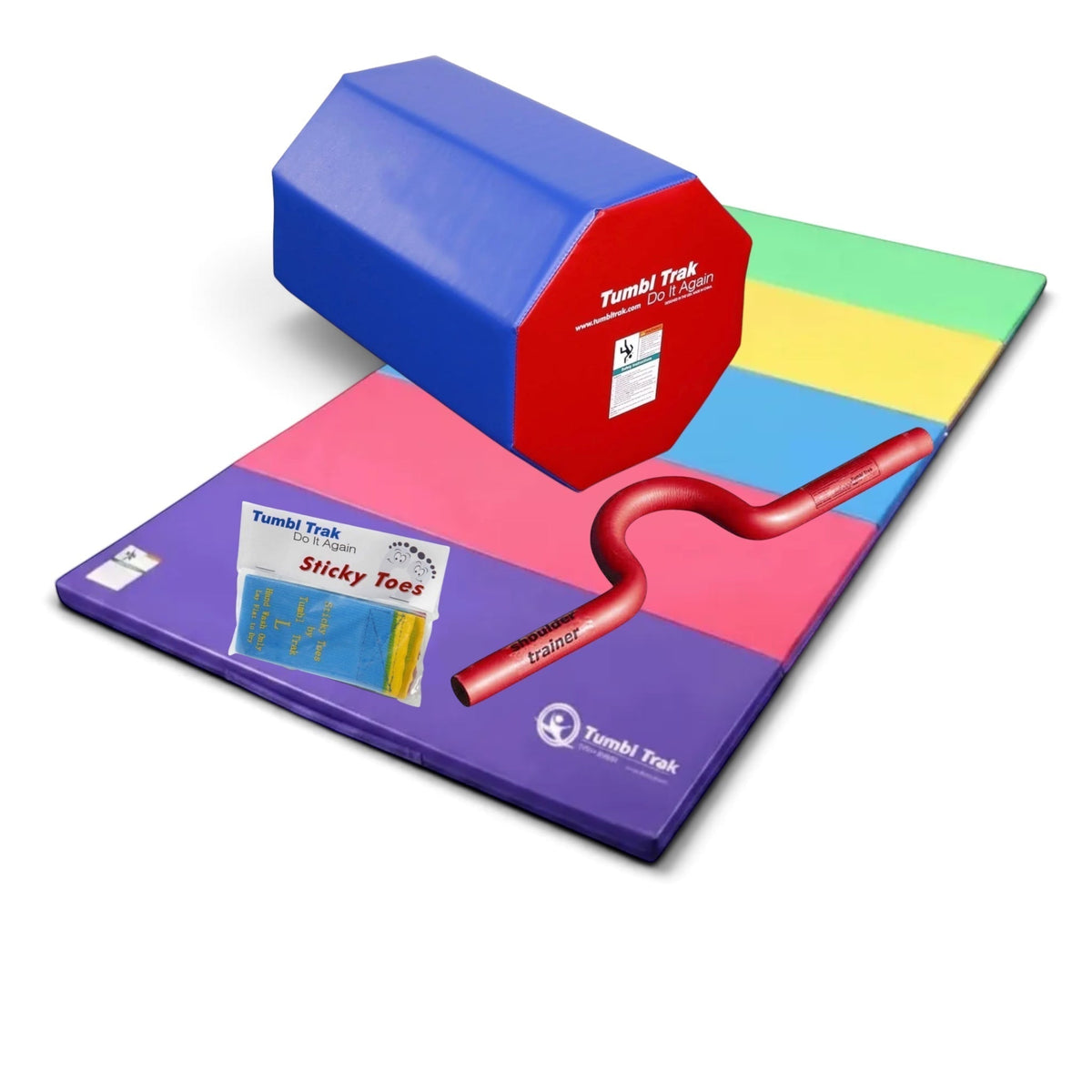 UK Gym Pits back handspring training package featuring an octagonal tumbler, folding mat, shoulder trainer, and sticky toes.