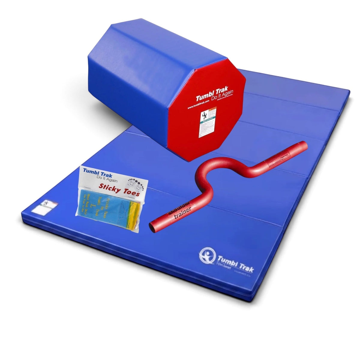 UK Gym Pits back handspring package with blue octagonal tumble, folding mat, shoulder trainer, and sticky toes.