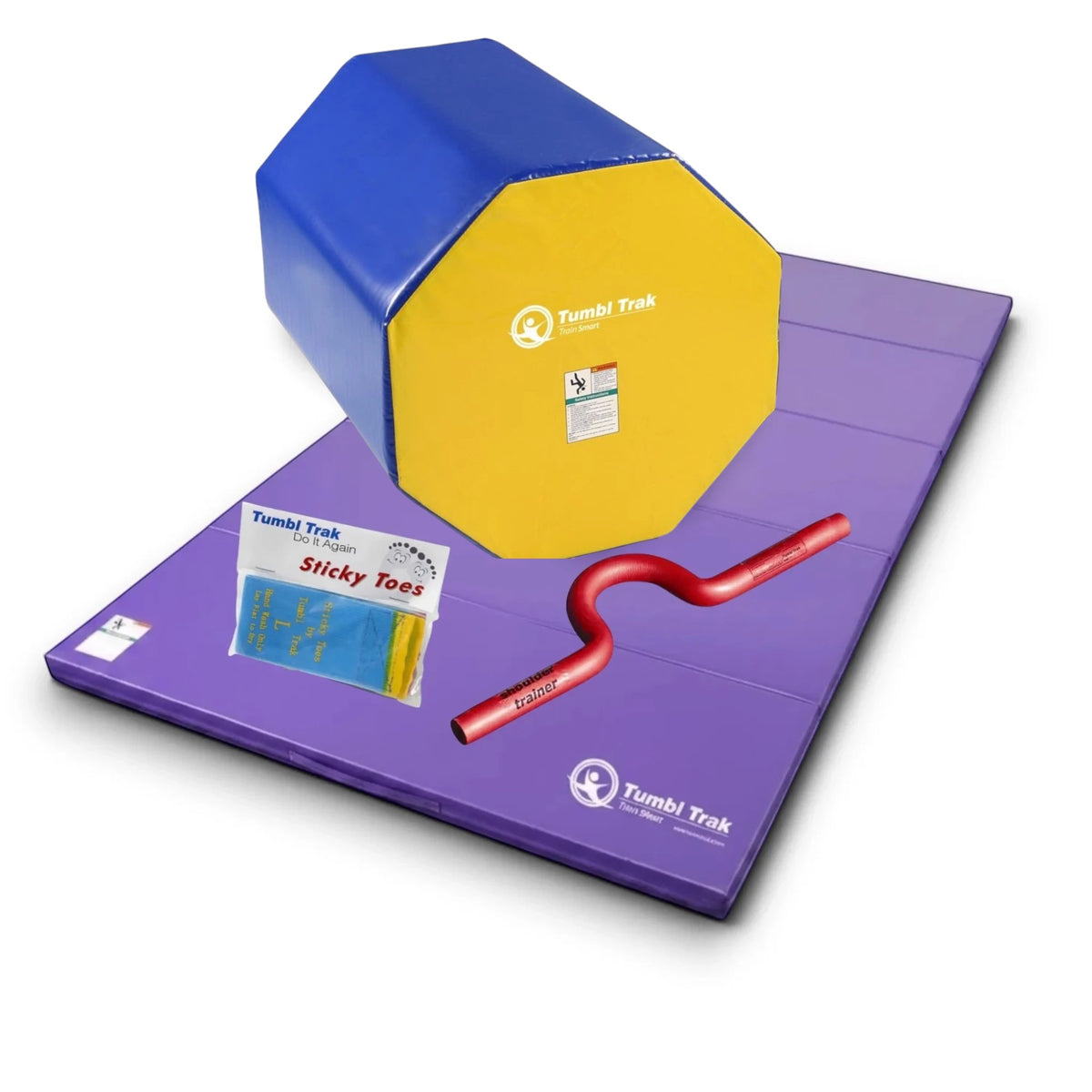 UK Gym Pits back handspring training package with a blue octagon tumbler, purple folding mat, shoulder trainer, and sticky toes.