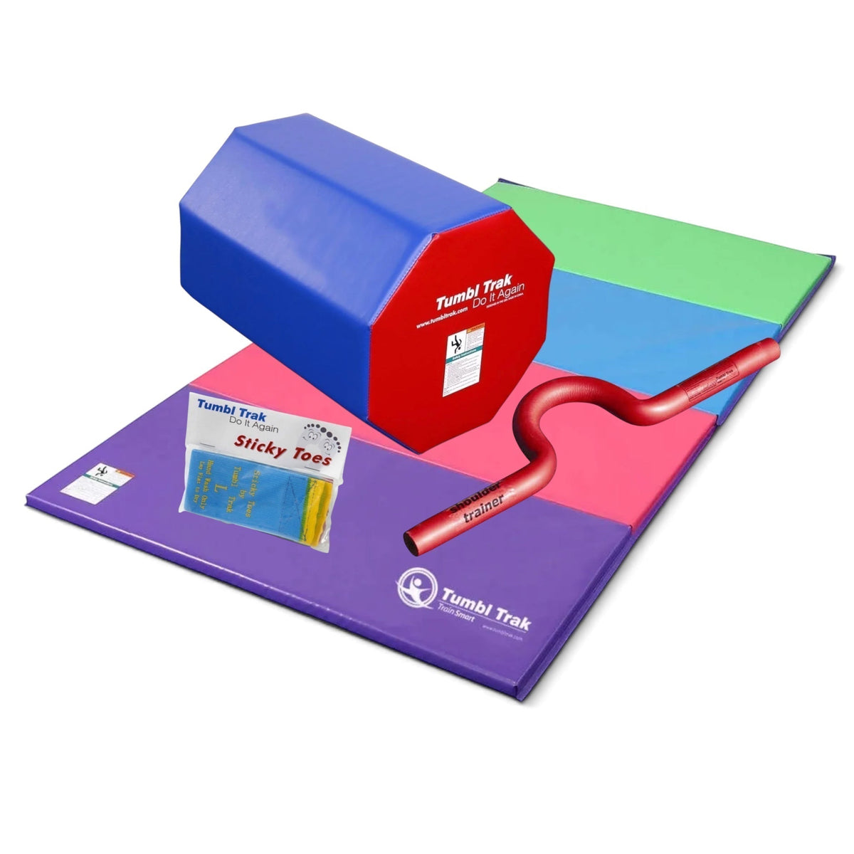 UK Gym Pits back handspring training package with octagonal tumbler, folding mat, shoulder trainer, and sticky toes.