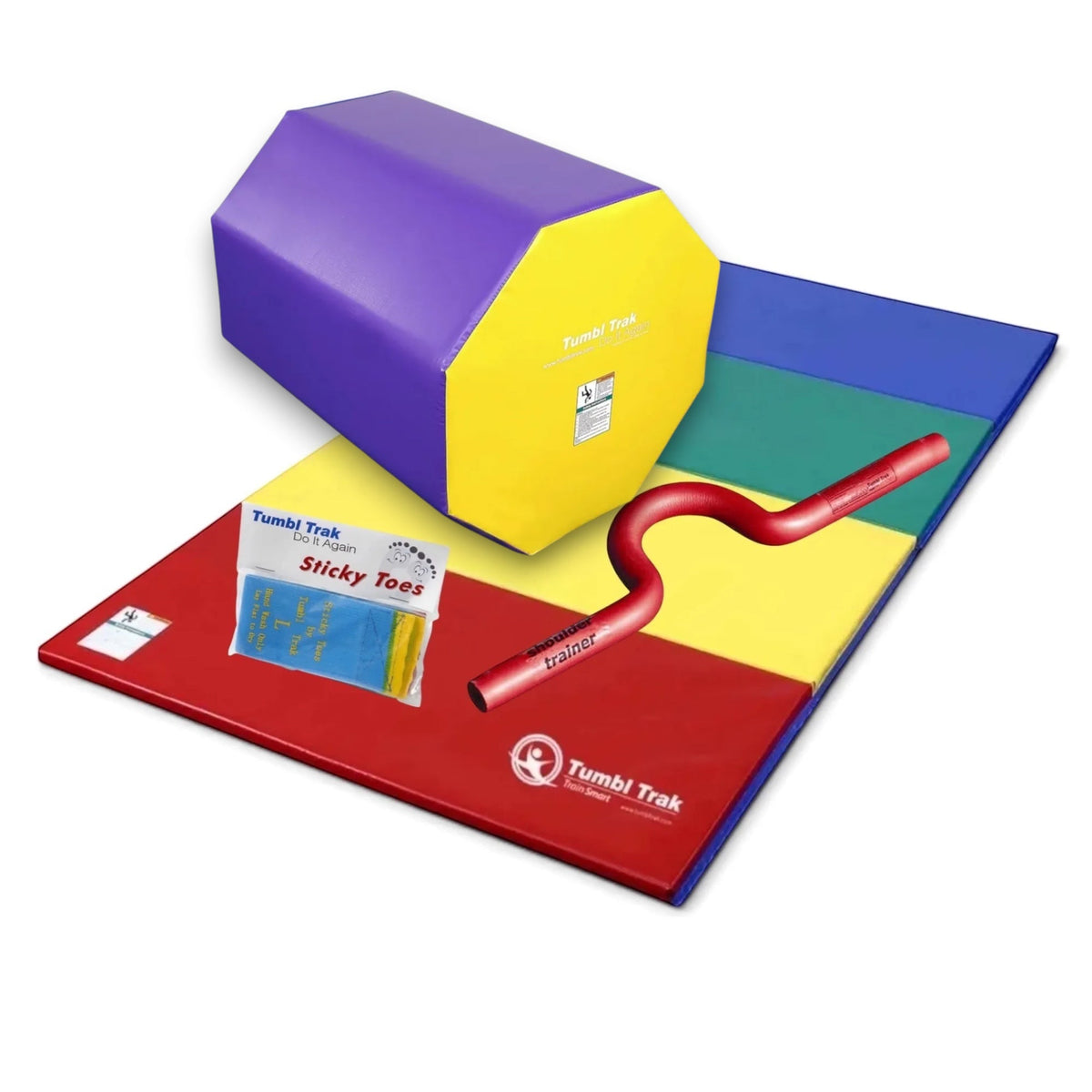 UK Gym Pits back handspring training package with octagonal tumbler, folding mat, shoulder trainer, and sticky toes.