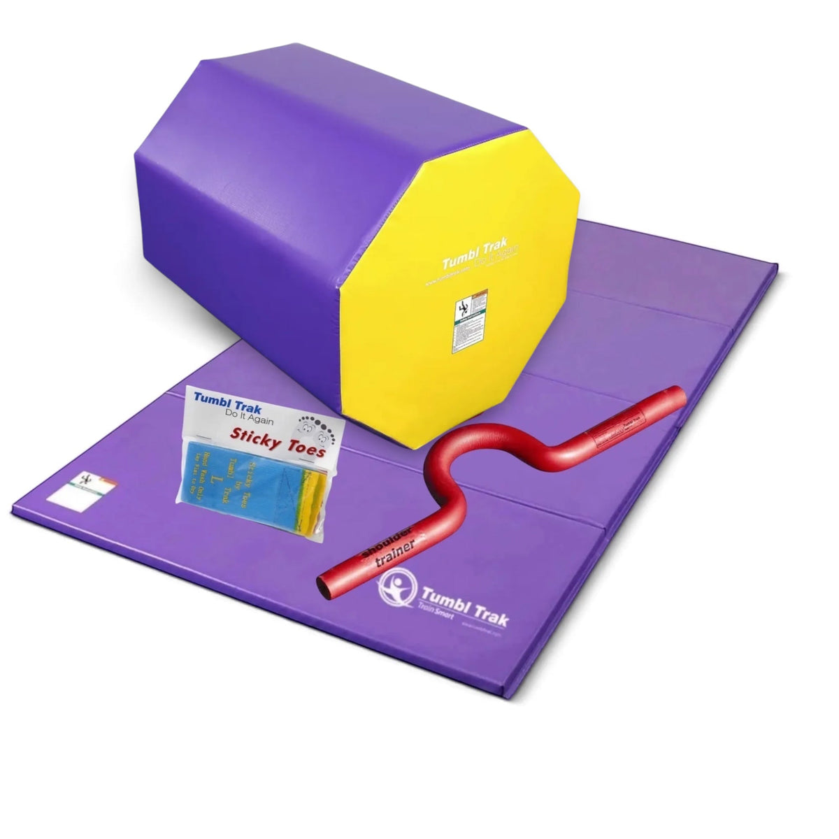 UK Gym Pits back handspring training package with octagonal tumbler, purple folding mat, shoulder trainer, and sticky toes