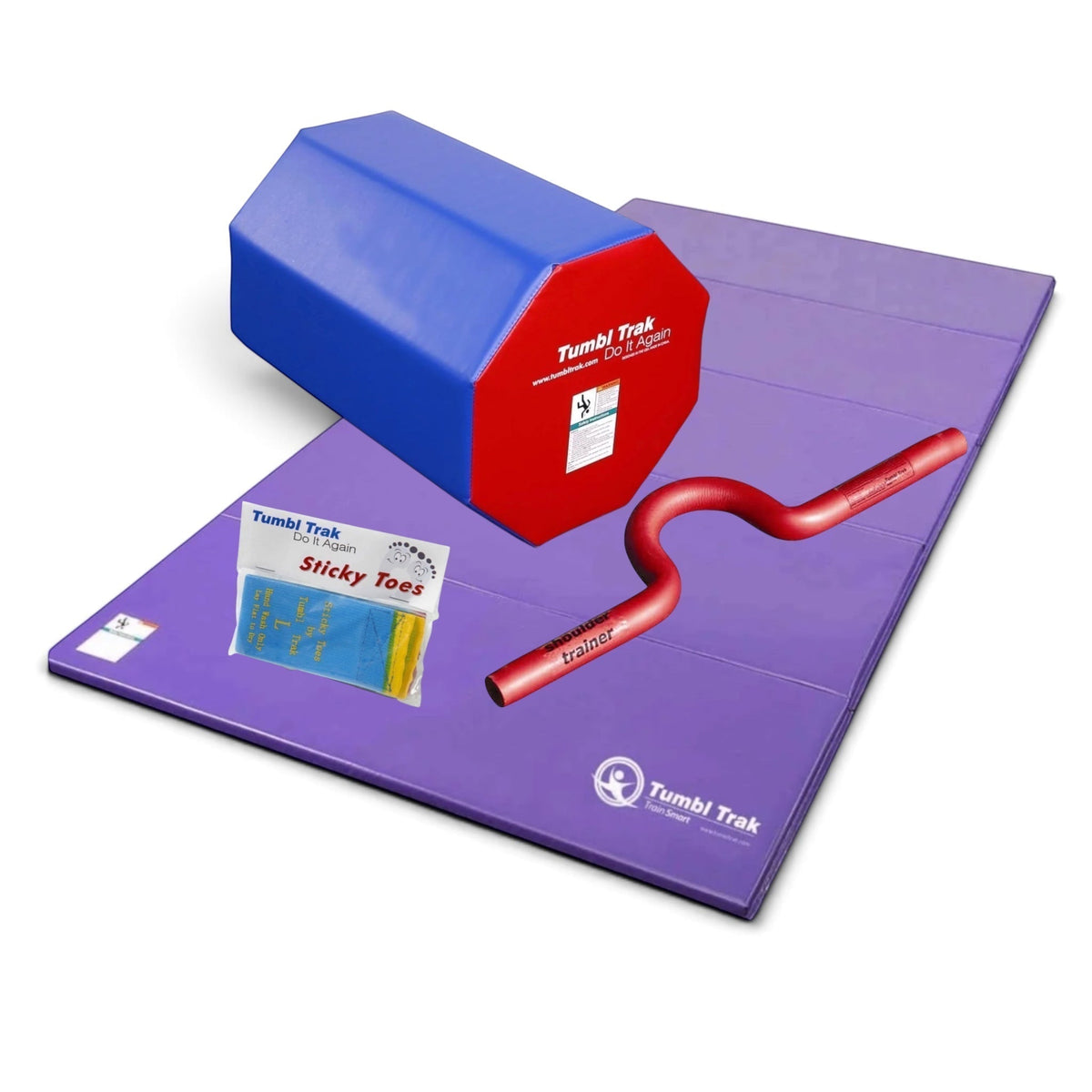 UK Gym Pits back handspring training package with purple tumbling mat, blue octagon tumbler, shoulder trainer, and sticky toes.